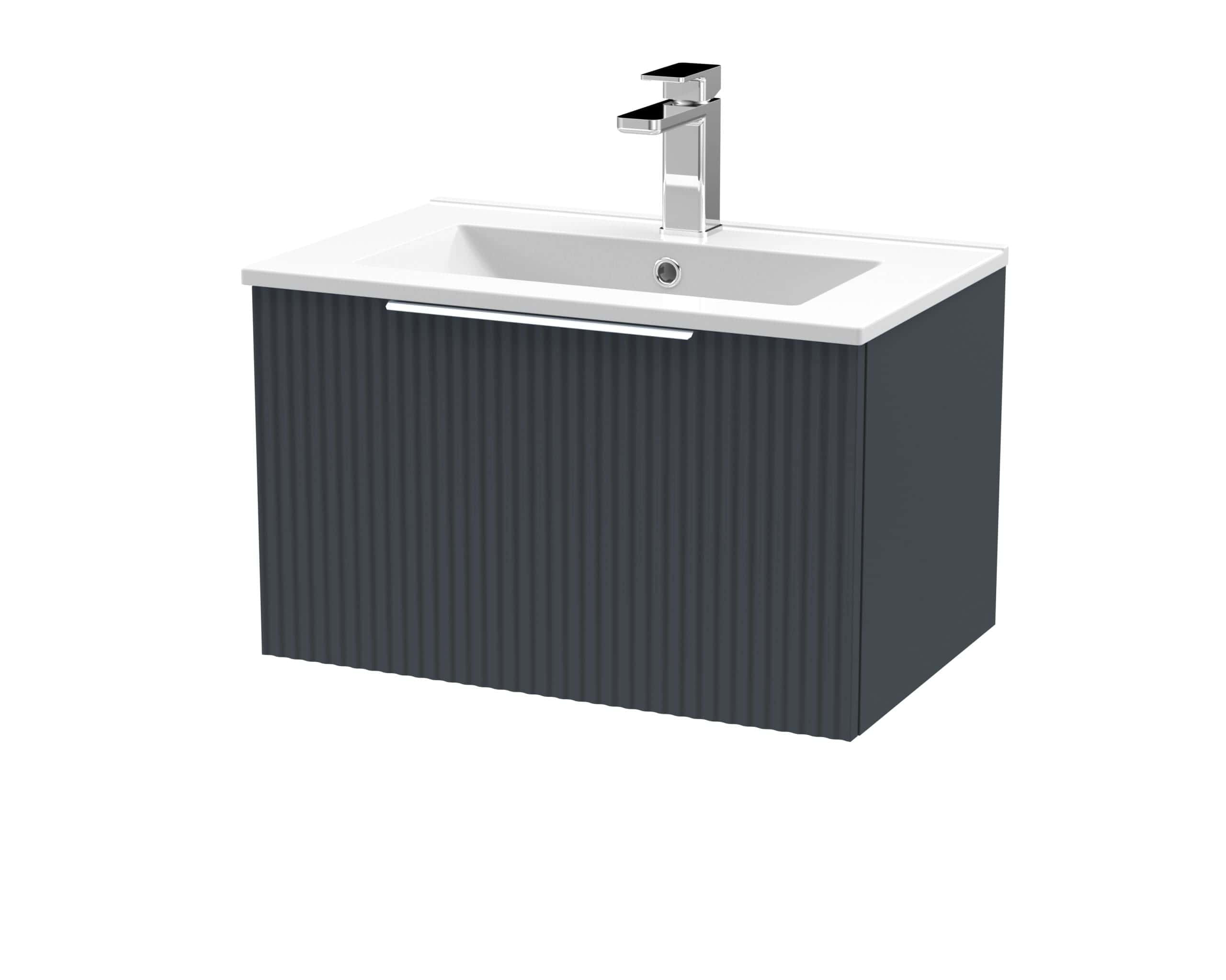 Modern bathroom vanity unit with white ceramic sink and sleek black textured cabinet. Perfect for contemporary homes seeking stylish bathroom storage solutions.