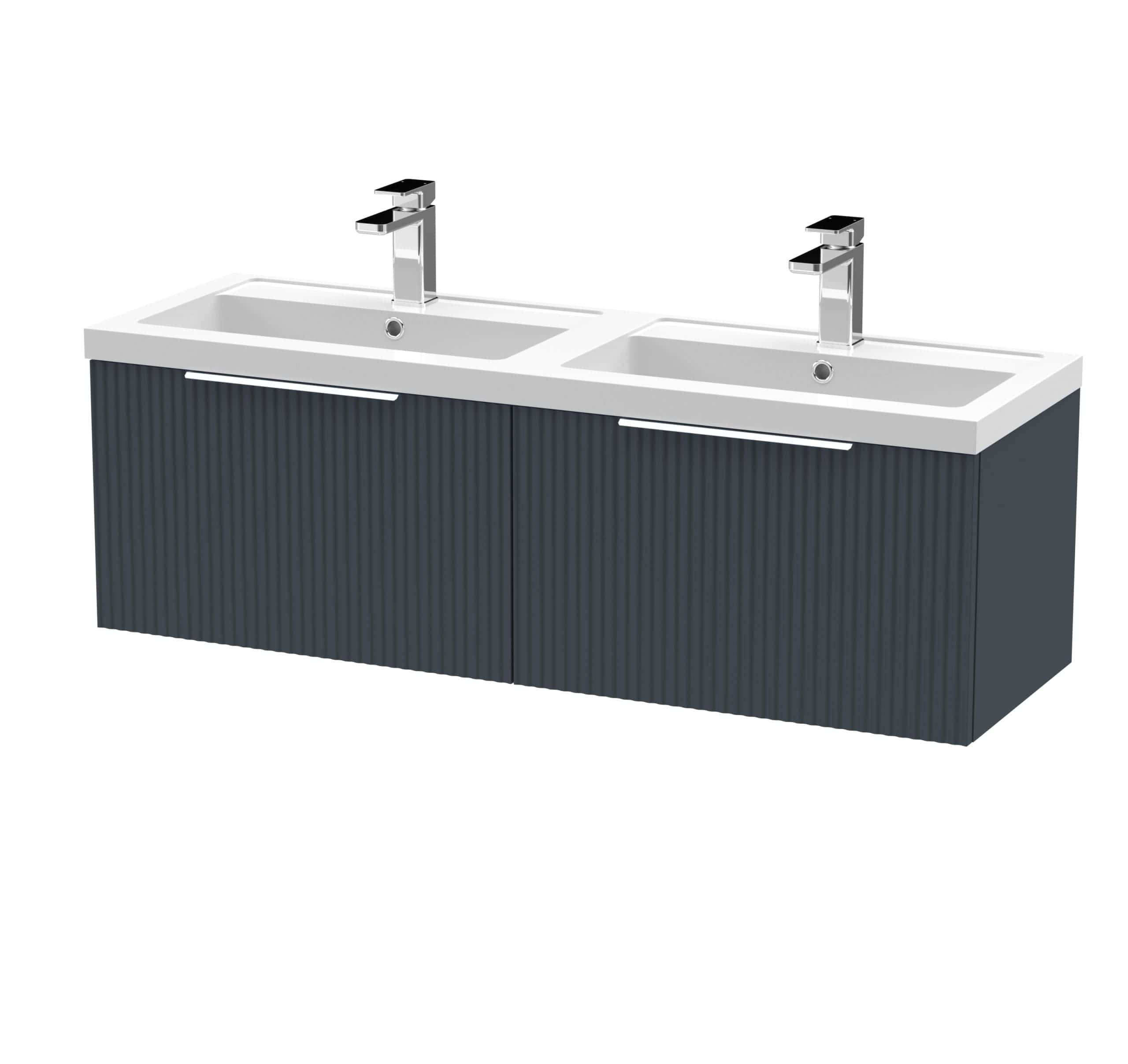 Contemporary double bathroom vanity with two integrated sinks and modern chrome taps. Featuring a sleek, dark ribbed cabinet offering ample storage space and a minimalist style for a stylish bathroom upgrade.