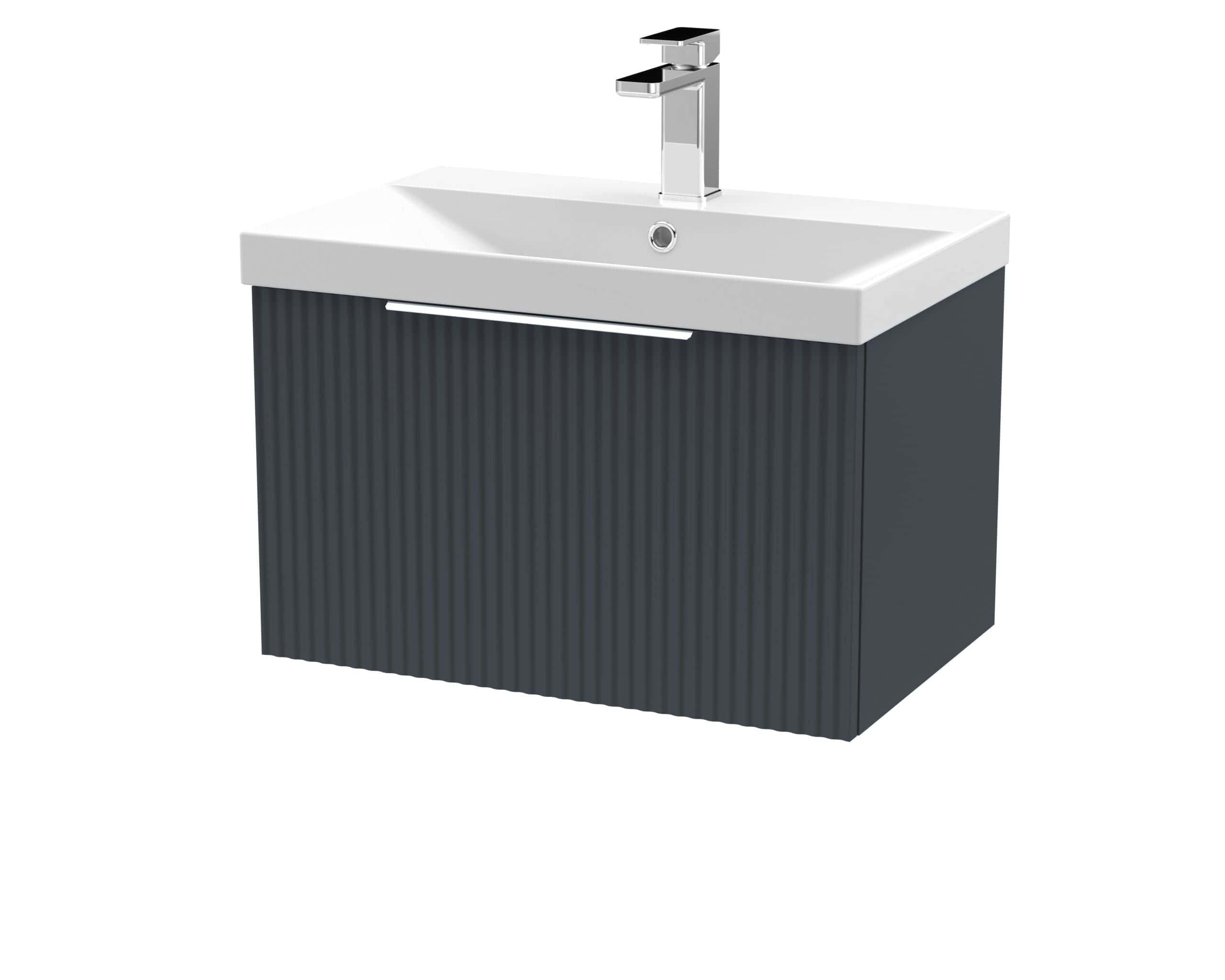Modern bathroom vanity unit with integrated sink and sleek black textured finish, perfect for stylish bathroom designs. Features ample storage and a contemporary chrome tap.