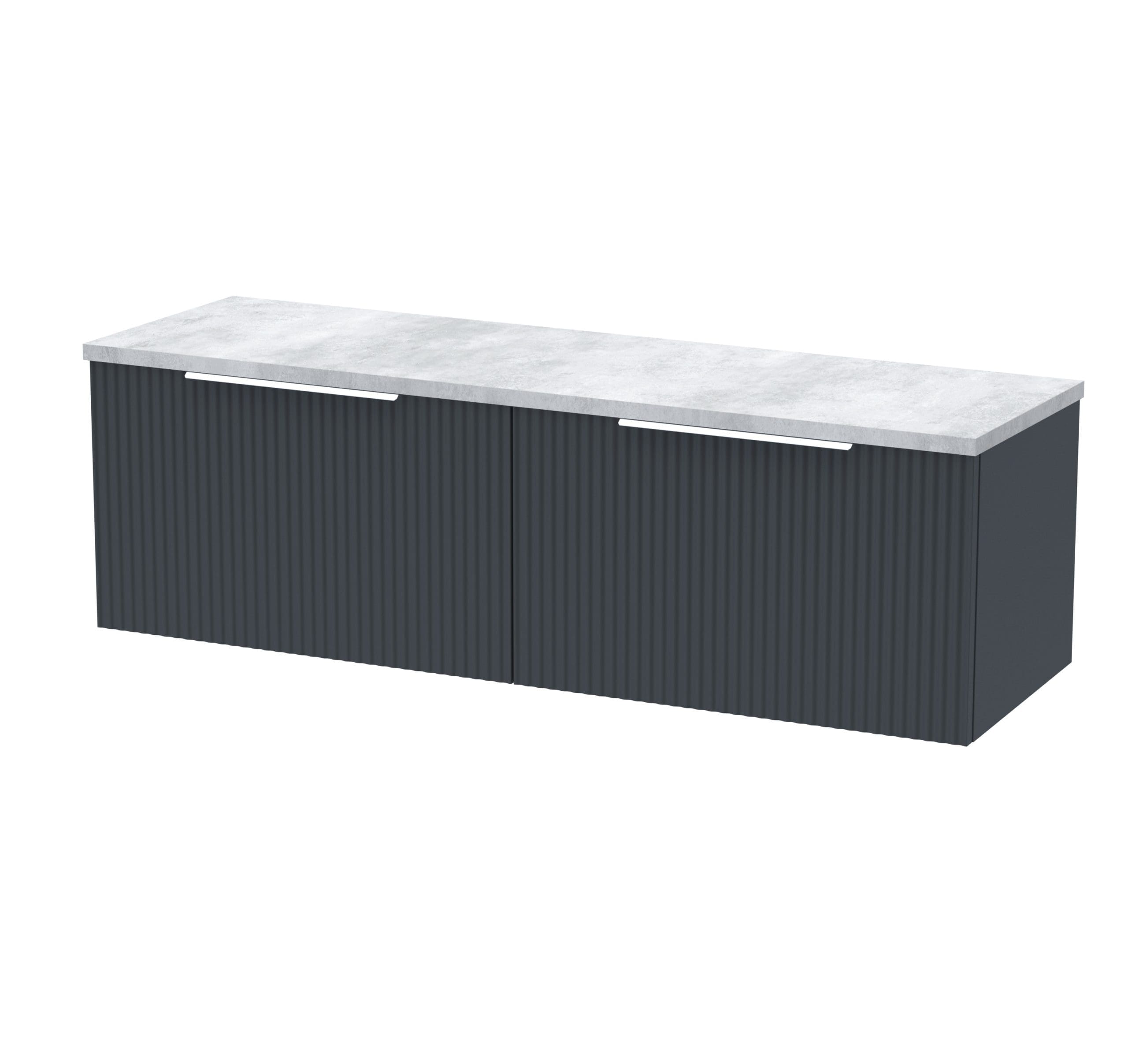 Sleek modern bathroom vanity with dark grey ribbed cabinetry and a white marble-effect countertop, ideal for contemporary bathroom decor and storage solutions.