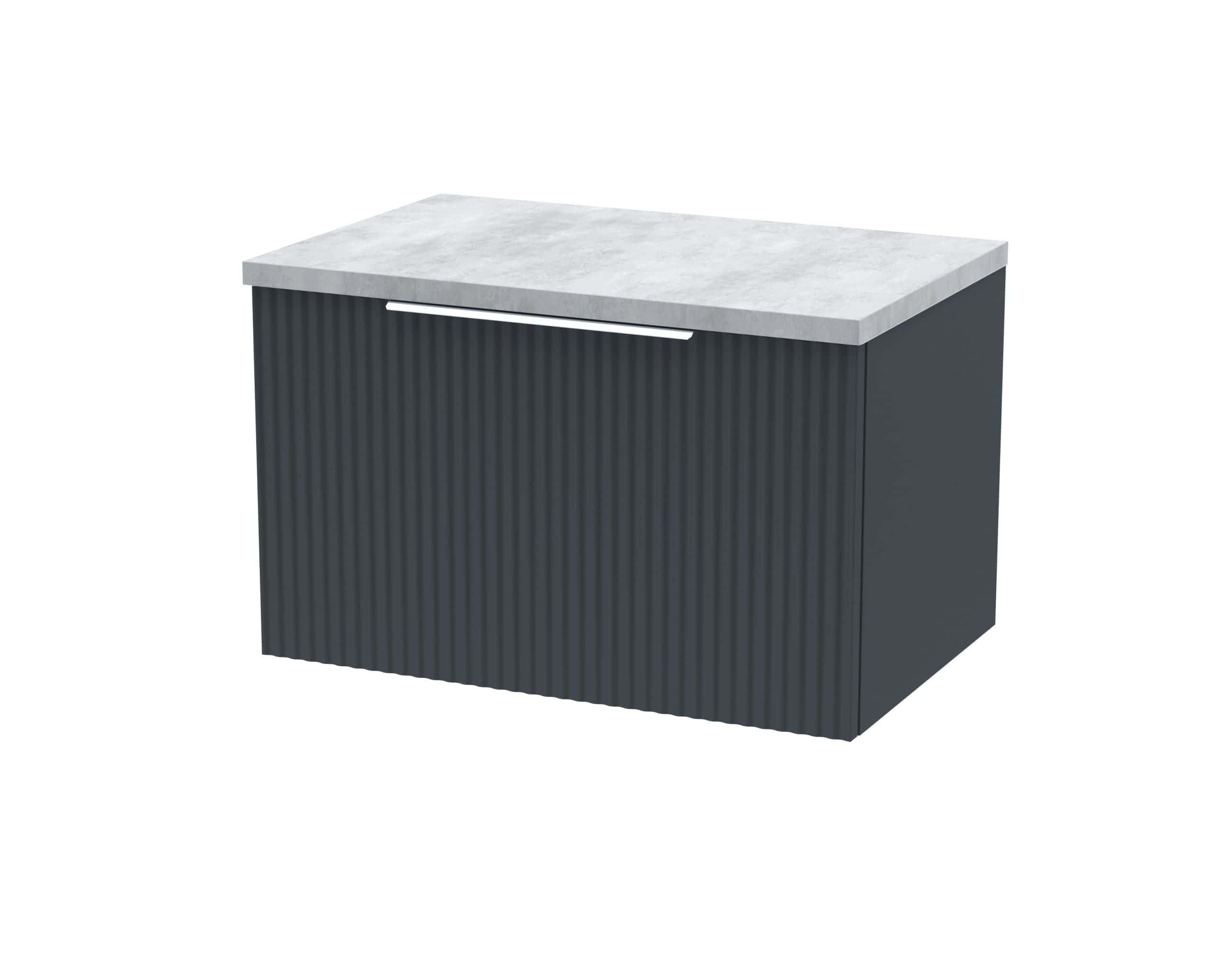Modern bathroom vanity unit with a grey ribbed finish and marble top, ideal for contemporary bathroom interior design. Durable, stylish storage solution for your bathroom essentials.