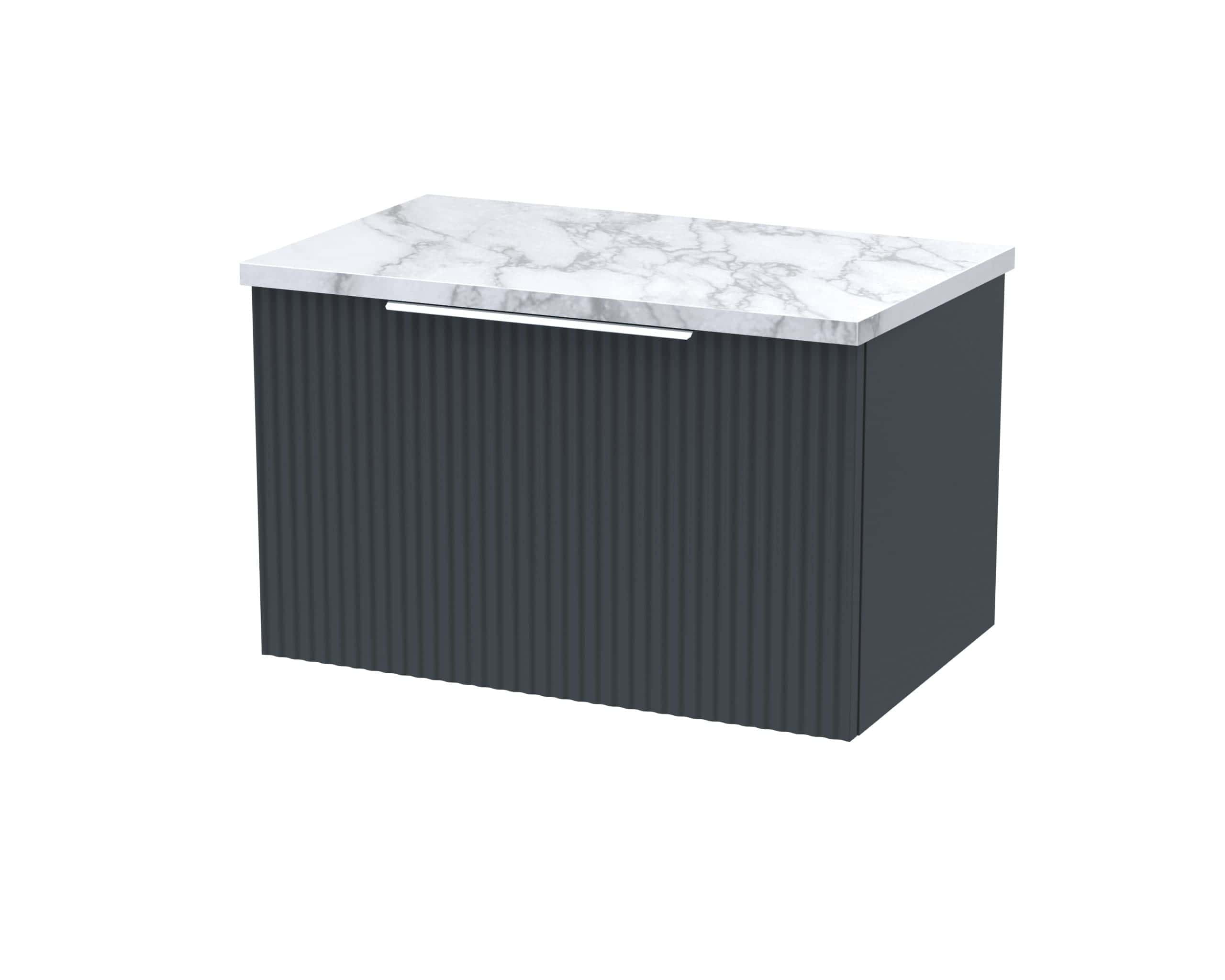 Sleek bathroom vanity unit with dark ribbed cabinet and white marble top, designed for modern bathrooms, offering stylish storage and contemporary elegance.