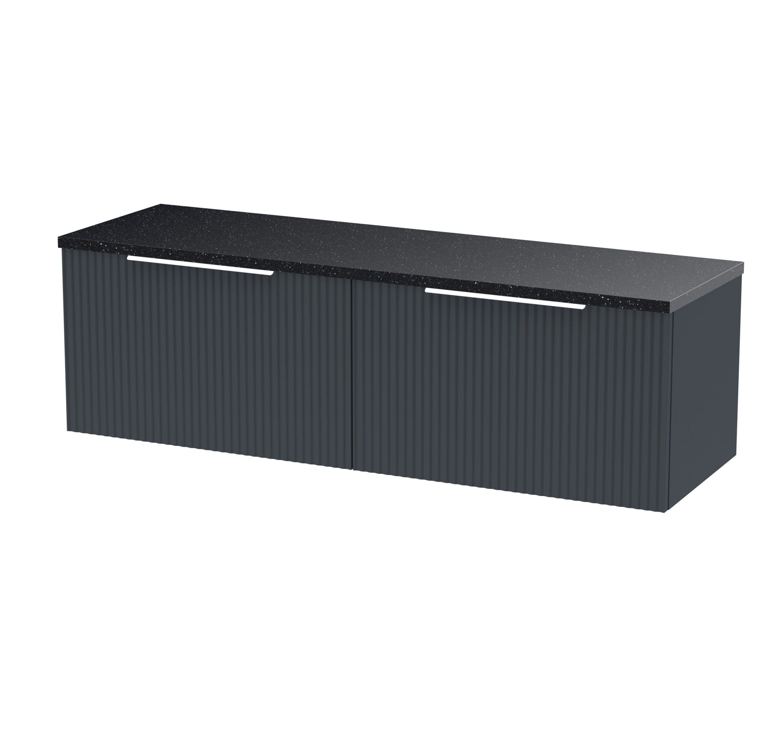 Stylish black bathroom vanity unit with a speckled black countertop and ribbed dark grey cabinet doors, perfect for modern bathroom storage solutions.