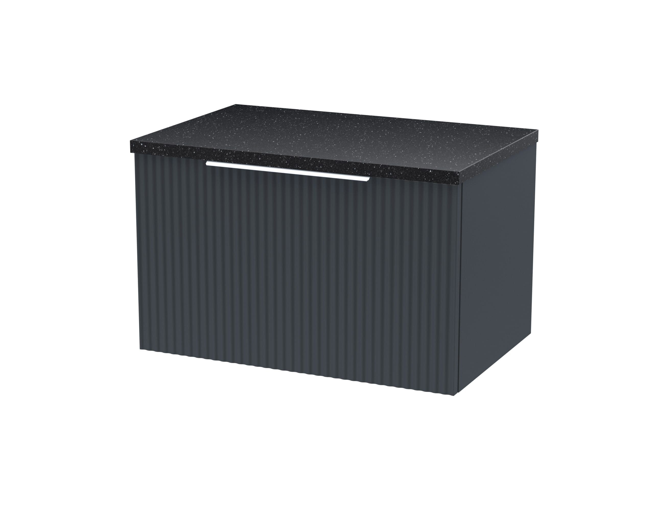 Stylish black bathroom vanity unit with a textured front panel and a sleek, speckled black countertop, perfect for modern bathroom storage and decor.