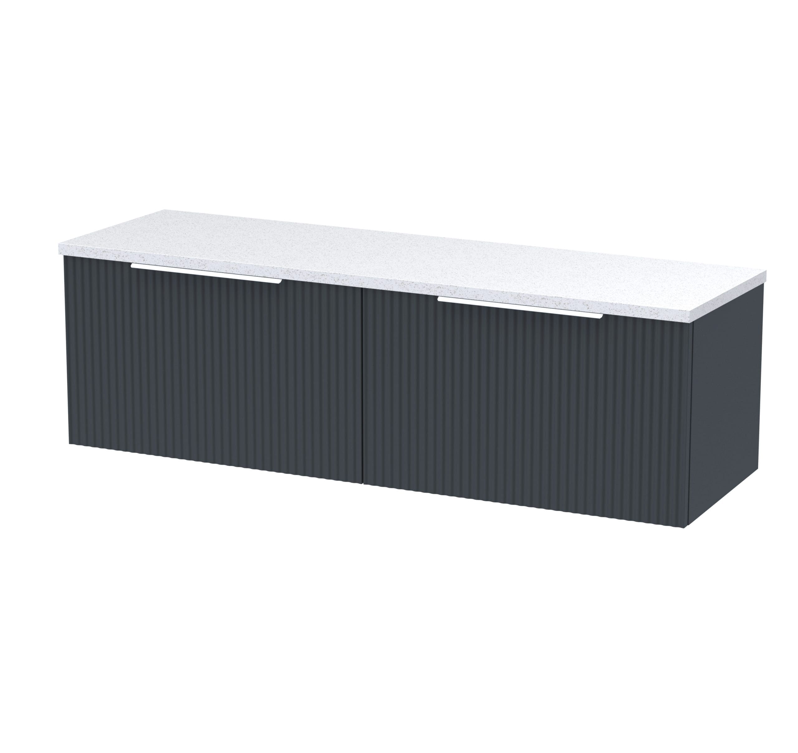 Modern bathroom vanity unit with black ribbed finish and white speckled countertop, ideal for contemporary bathroom designs.