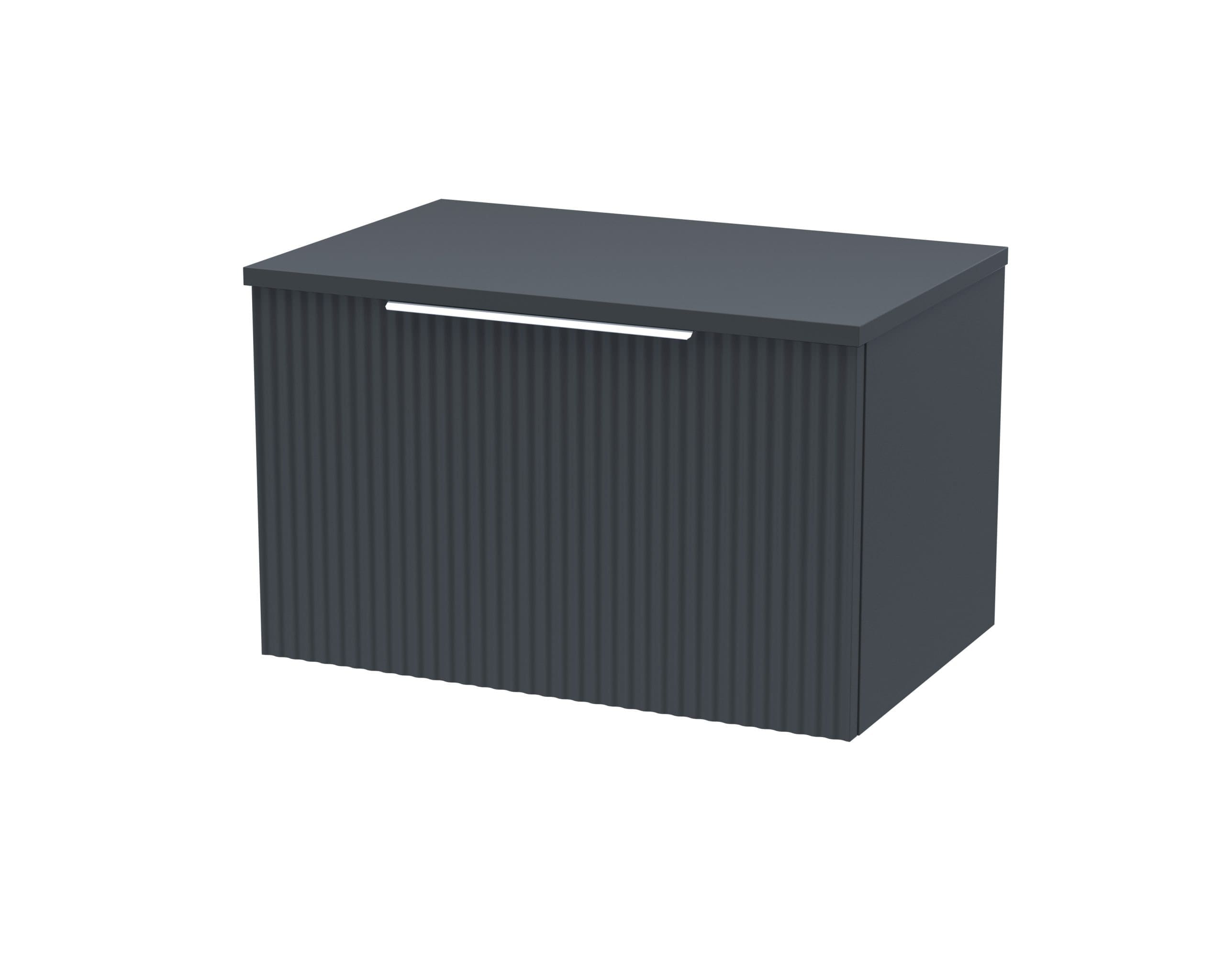 Stylish dark grey bathroom cabinet with ribbed surface and sleek handle, ideal for modern bathroom storage solutions. Perfect for organising essentials while adding contemporary design.