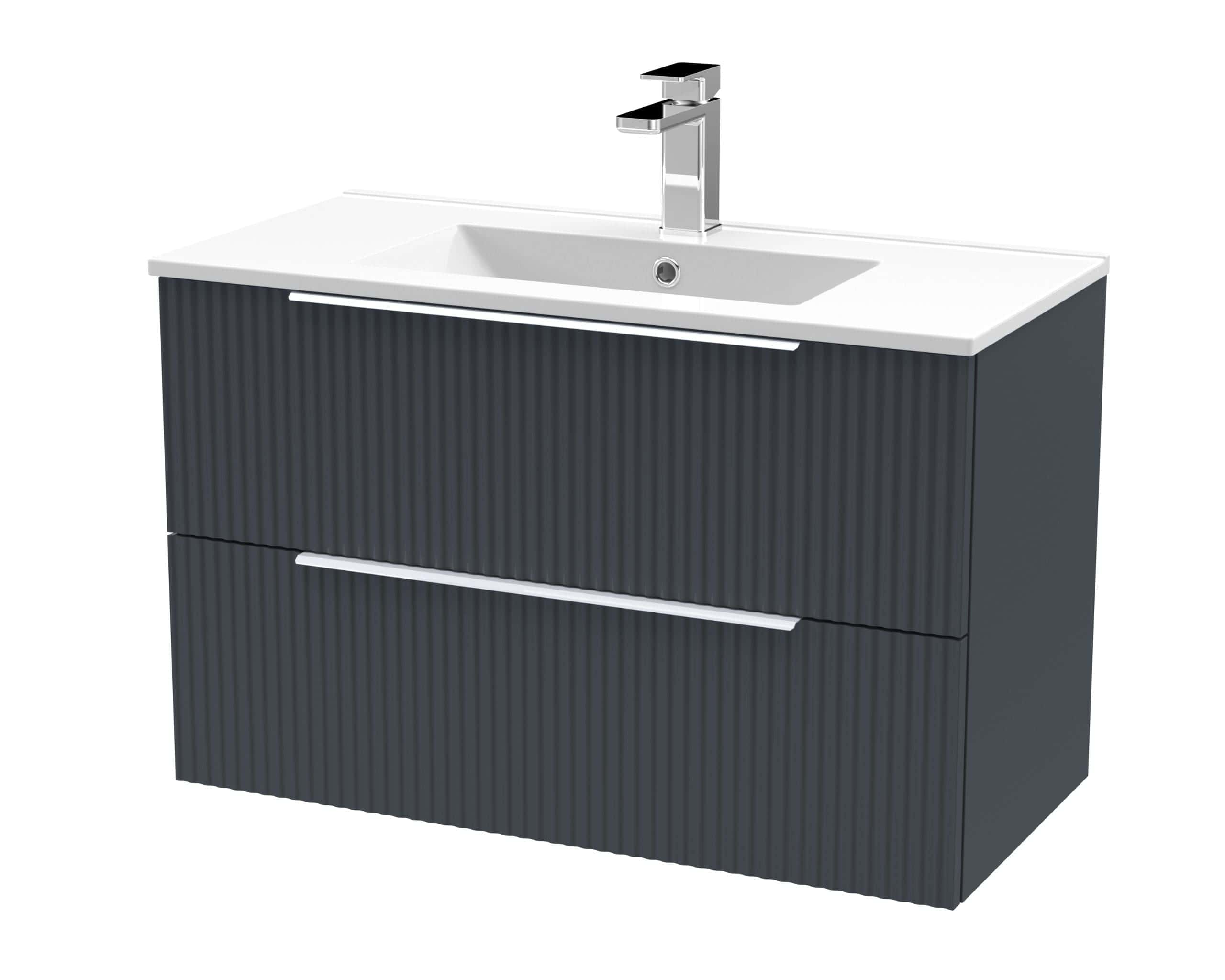 Sleek modern bathroom vanity with integrated sink and matte black ribbed cabinet, ideal for contemporary bathroom design and stylish storage.