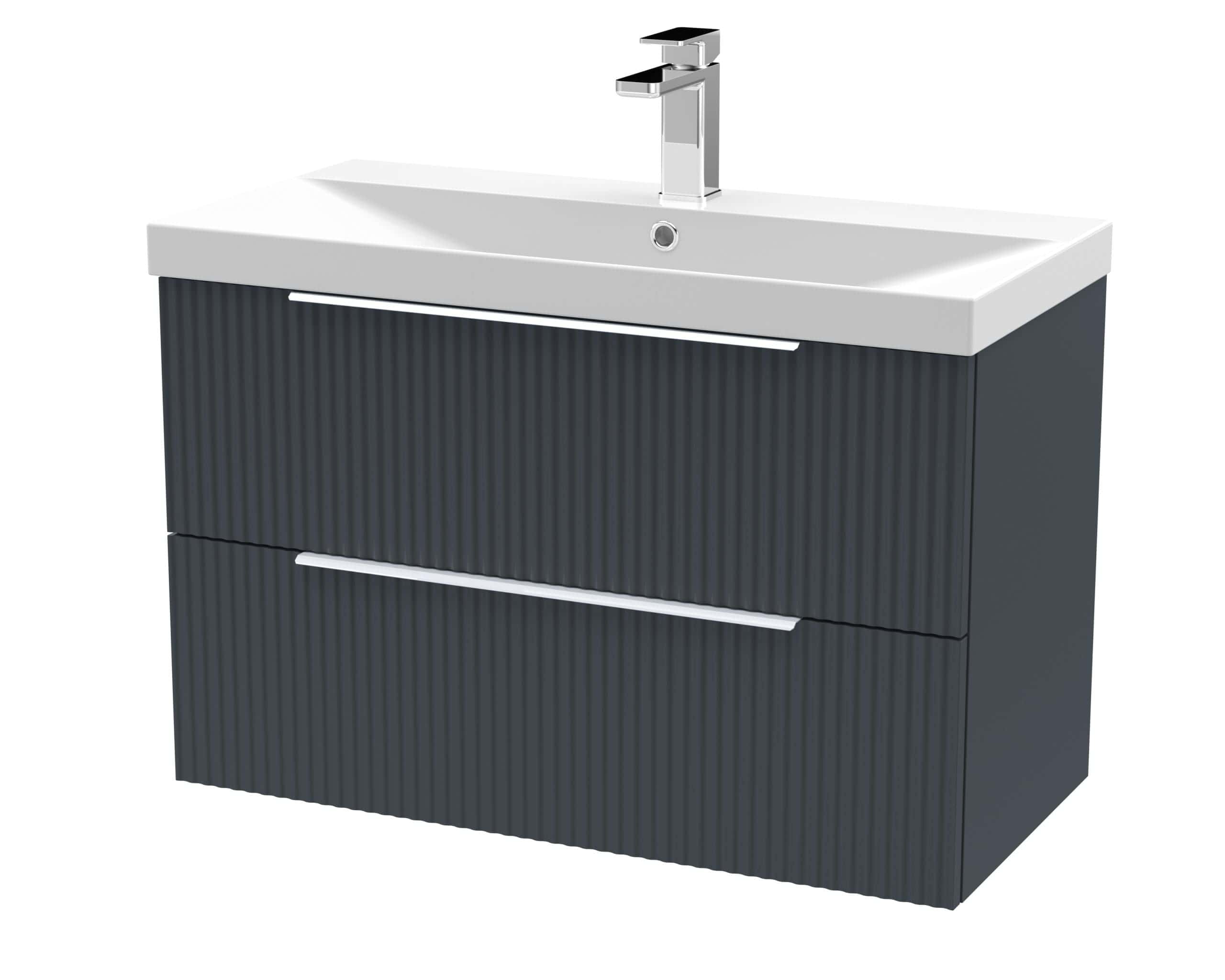 Sleek modern bathroom vanity with a white basin and black textured cabinet for stylish bathroom storage and vanity units. Designed for contemporary bathroom aesthetics.