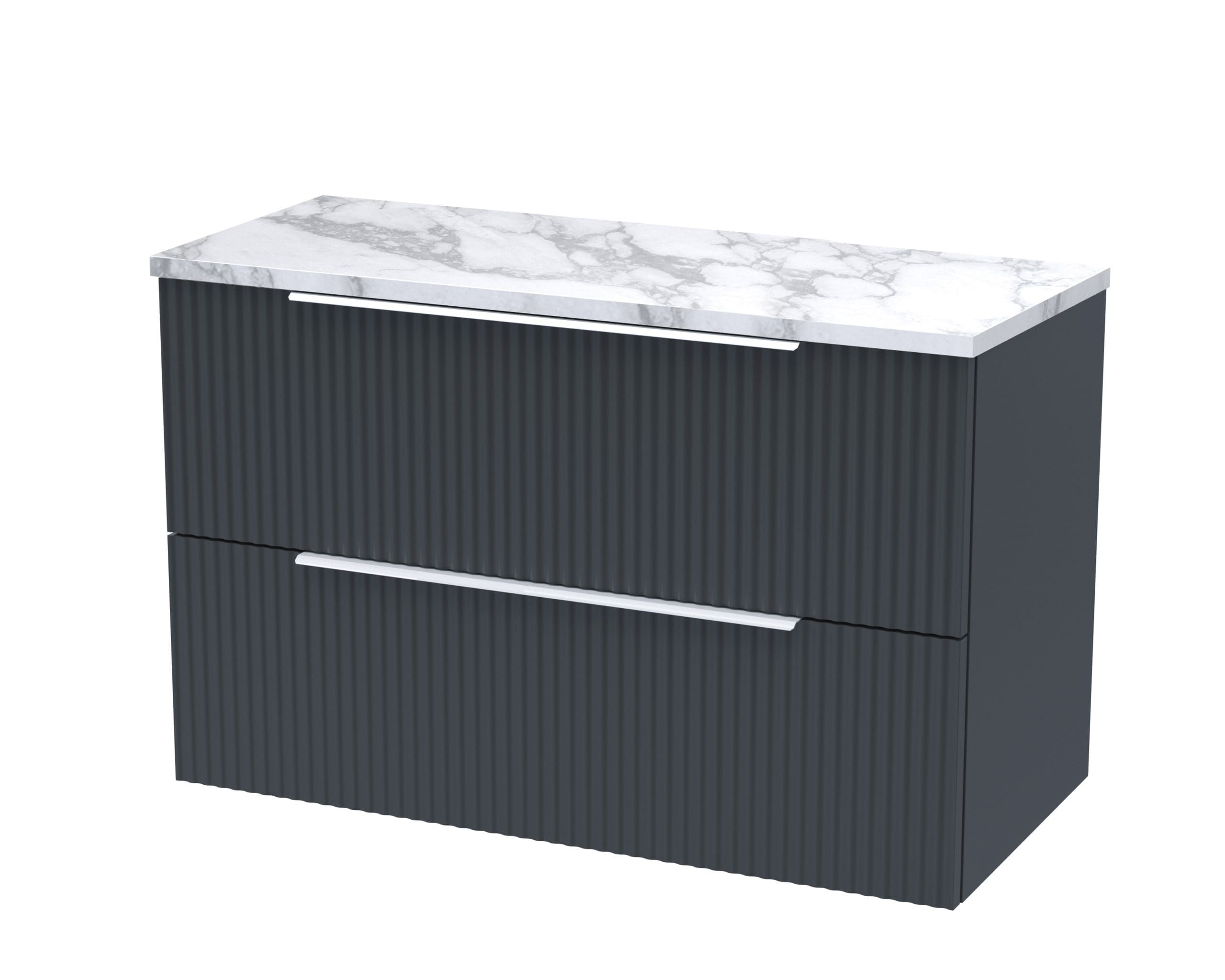 Sleek modern bathroom vanity unit with a marble effect countertop and textured dark grey drawer fronts, perfect for contemporary bathroom design.