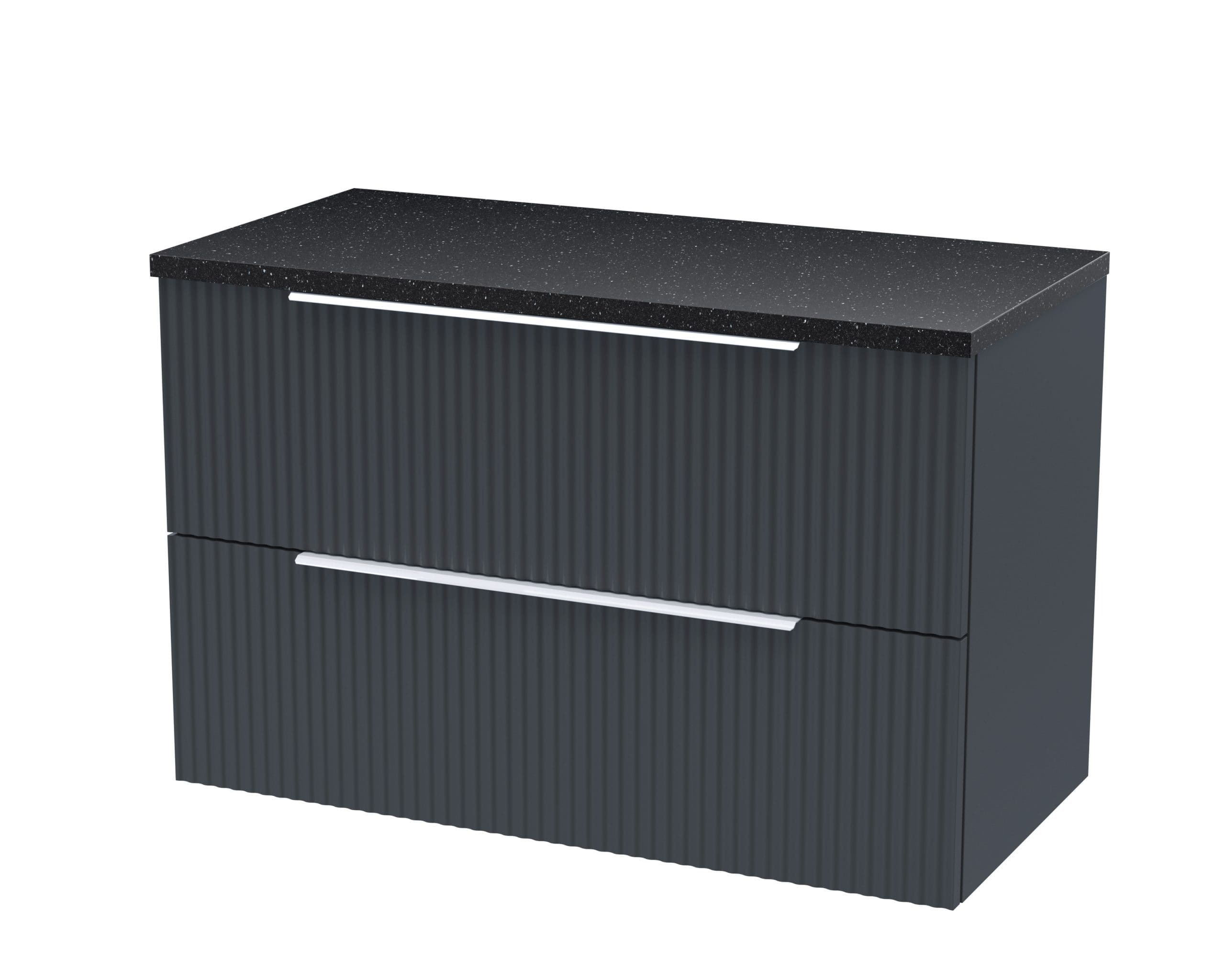 Sleek modern bathroom vanity unit with black speckled countertop and ribbed dark grey cabinet drawers, ideal for contemporary bathroom decor.