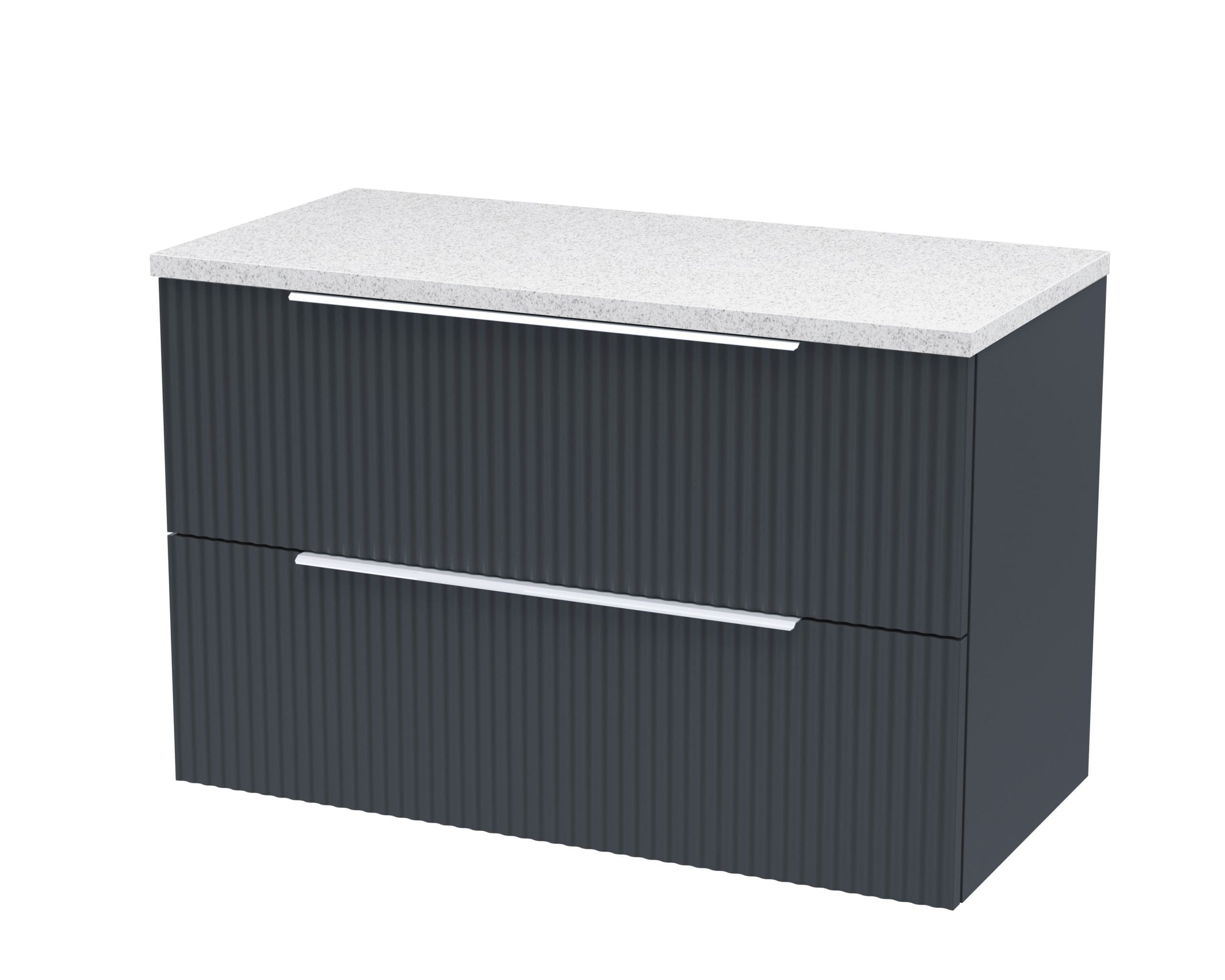 Modern bathroom vanity unit with a light speckled stone countertop and dark ribbed finish drawers, ideal for contemporary bathroom storage solutions.