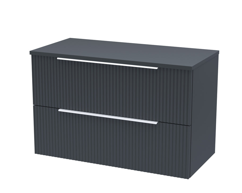 Sleek grey bathroom vanity unit with textured ribbed finish and modern silver handles, ideal for contemporary bathroom storage solutions.