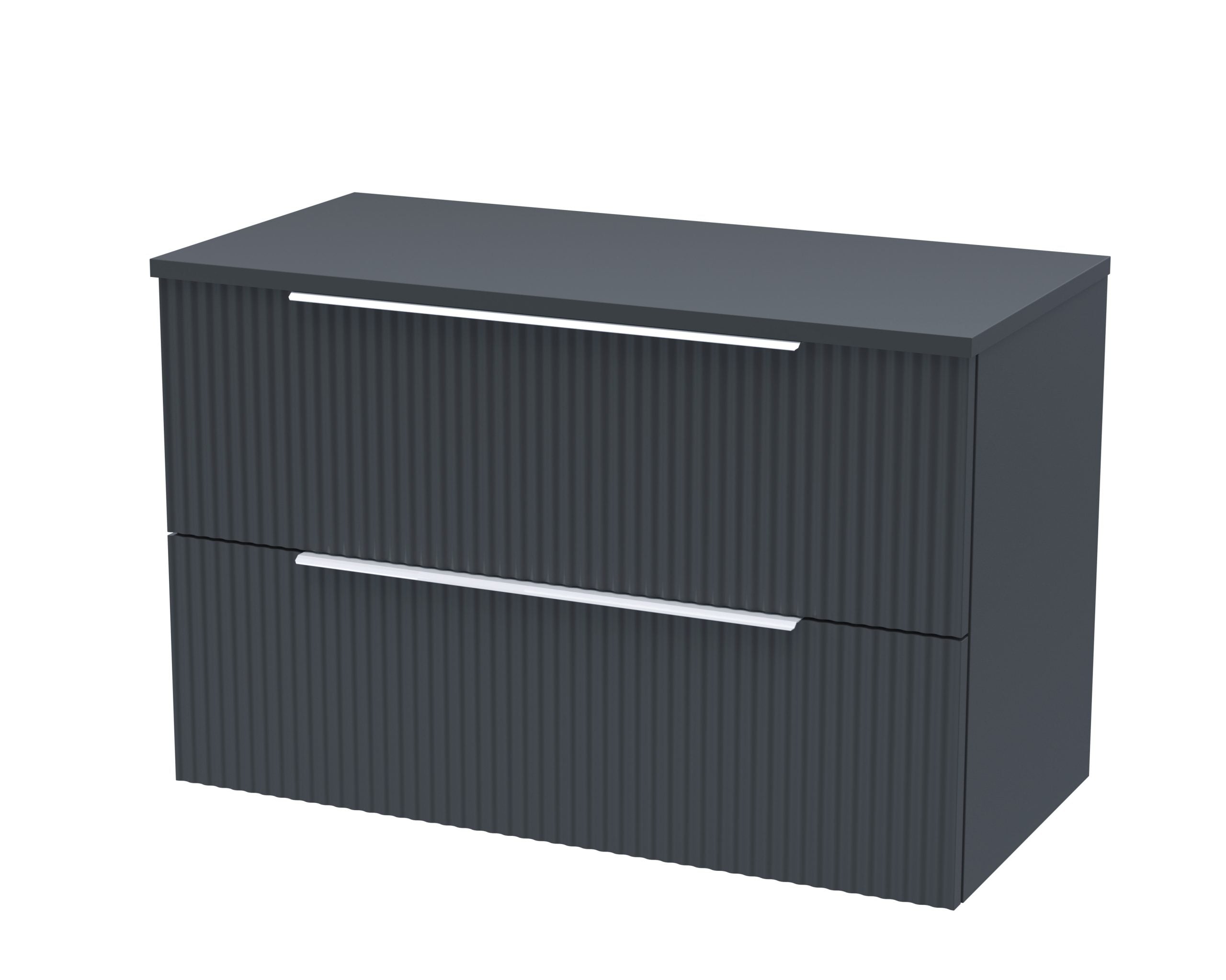 Sleek grey bathroom vanity unit with textured ribbed finish and modern silver handles, ideal for contemporary bathroom storage solutions.