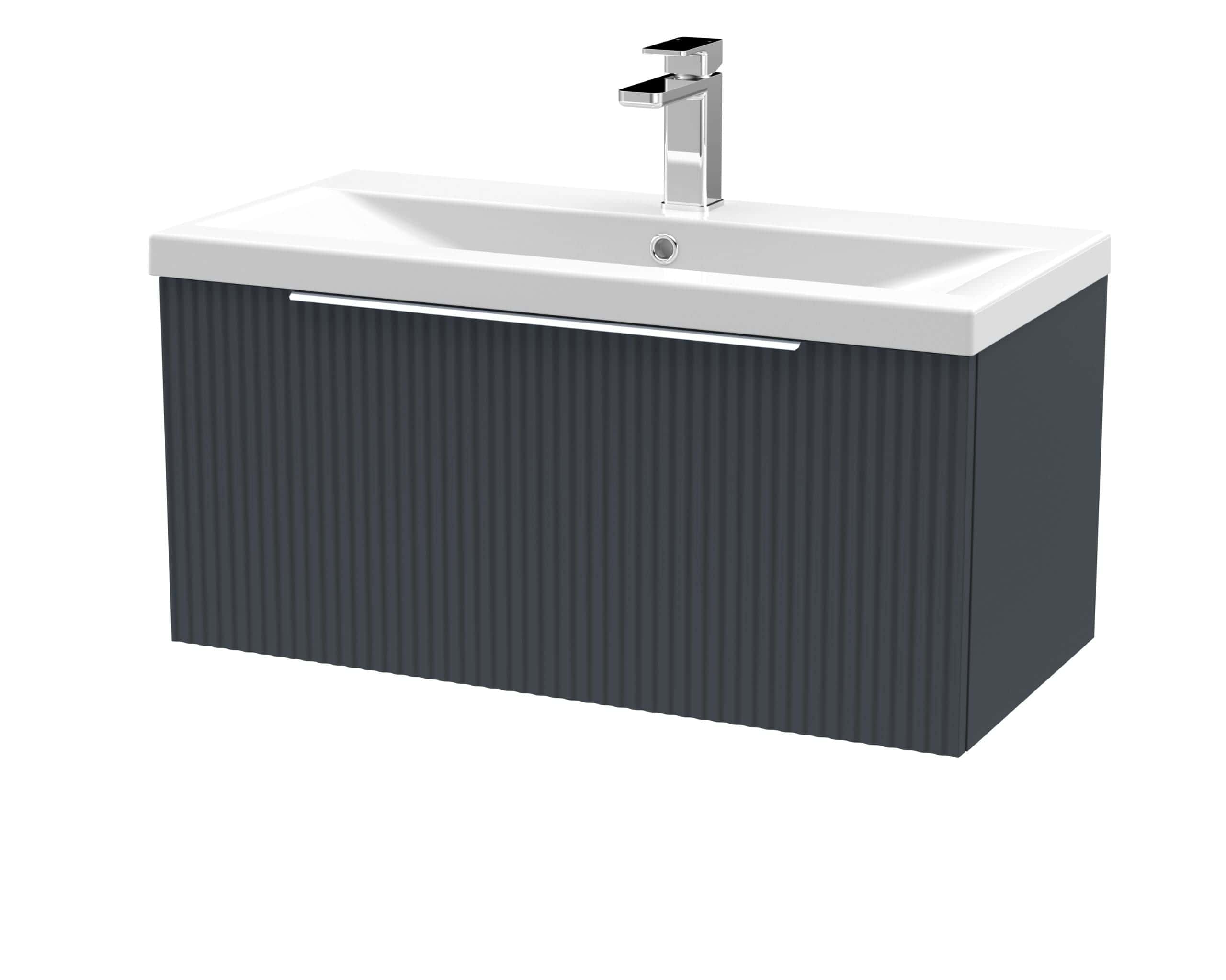 Sleek modern bathroom vanity with integrated sink and stylish grey textured cabinet, ideal for contemporary bathroom designs and perfect for custom bathroom installations.