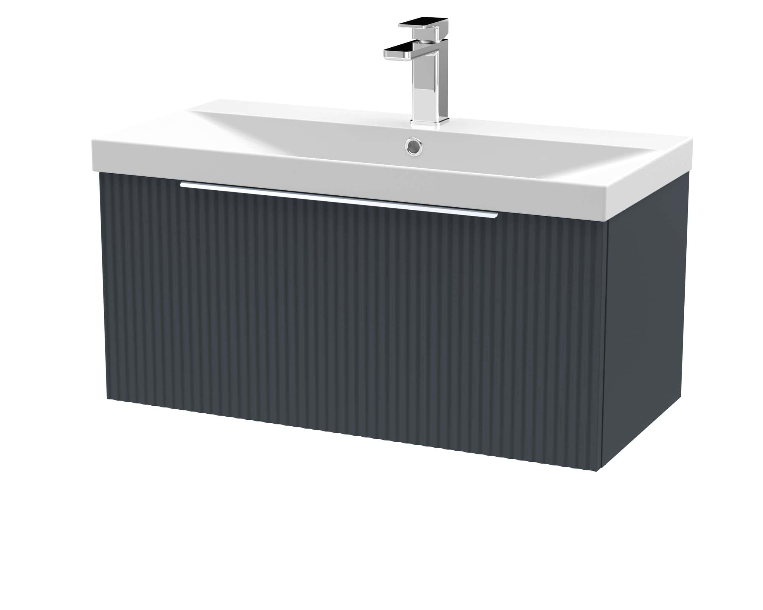 Sleek modern bathroom vanity unit with integrated sink and chrome faucet, ideal for contemporary bathrooms. Perfect for stylish bathroom storage and water fixtures.