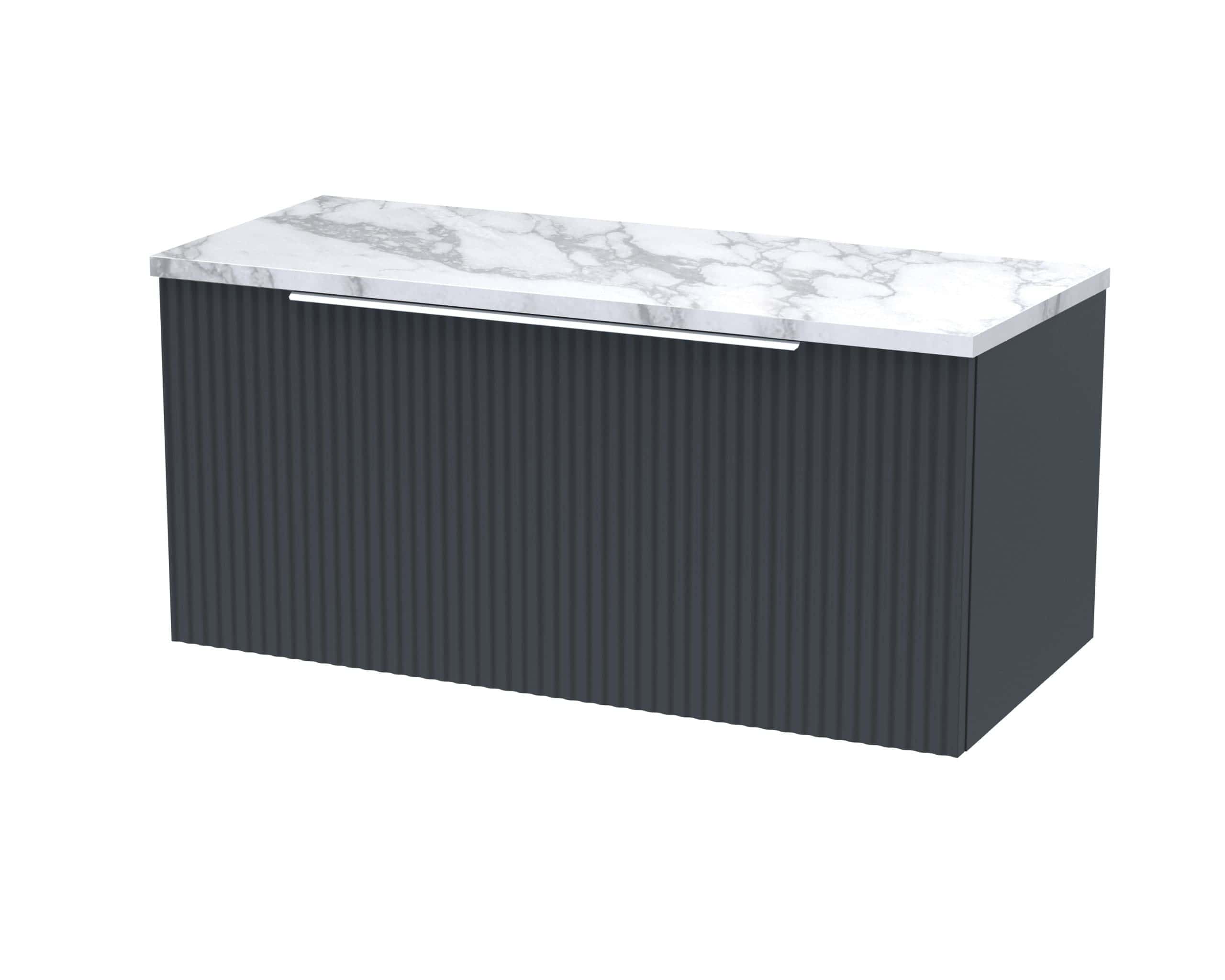 Elegant bathroom vanity with a sleek black textured finish and a sophisticated white marble countertop, perfect for modern bubly-inspired bathroom designs.