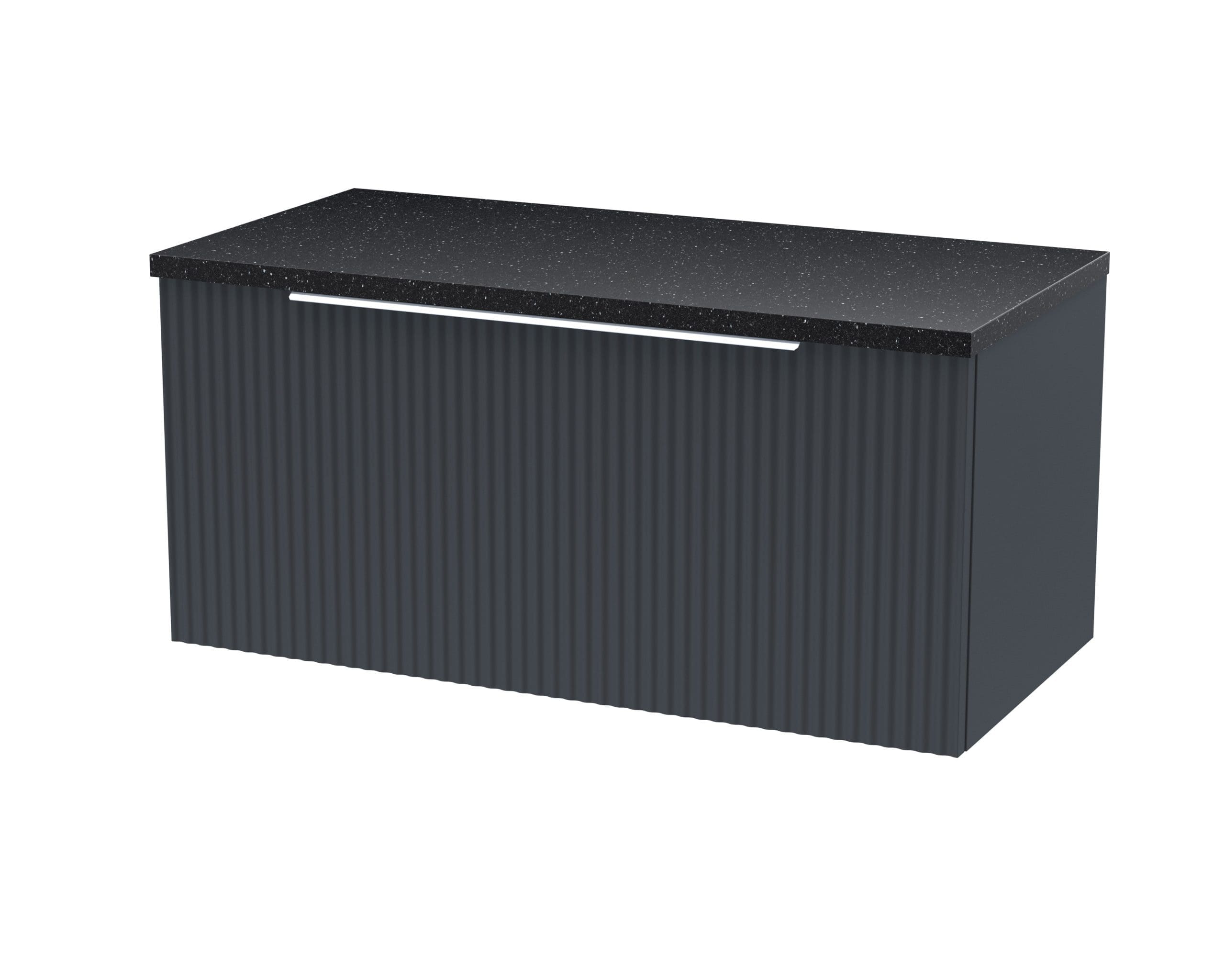 Sleek black bathroom vanity with textured drawer front and granite countertop, perfect for modern Bubly bathrooms, offering stylish storage and a contemporary look.