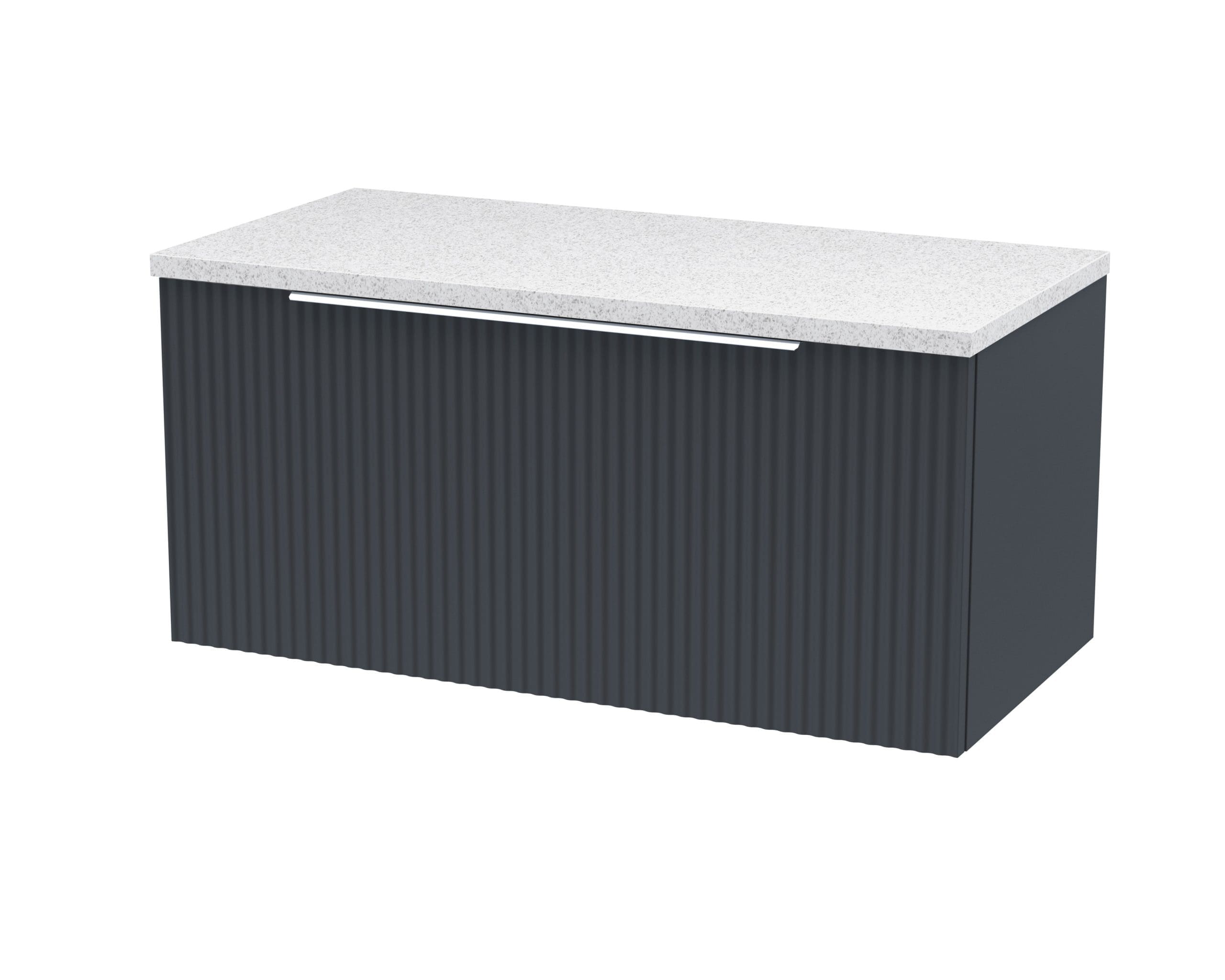 Modern bathroom vanity with sleek dark finish and textured paneling, topped with a light-coloured stone countertop, ideal for contemporary bathroom designs.