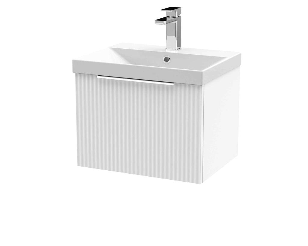 Modern white bathroom vanity unit with integrated sink and chrome faucet, ideal for contemporary bathroom renovation and bathroom storage solutions.