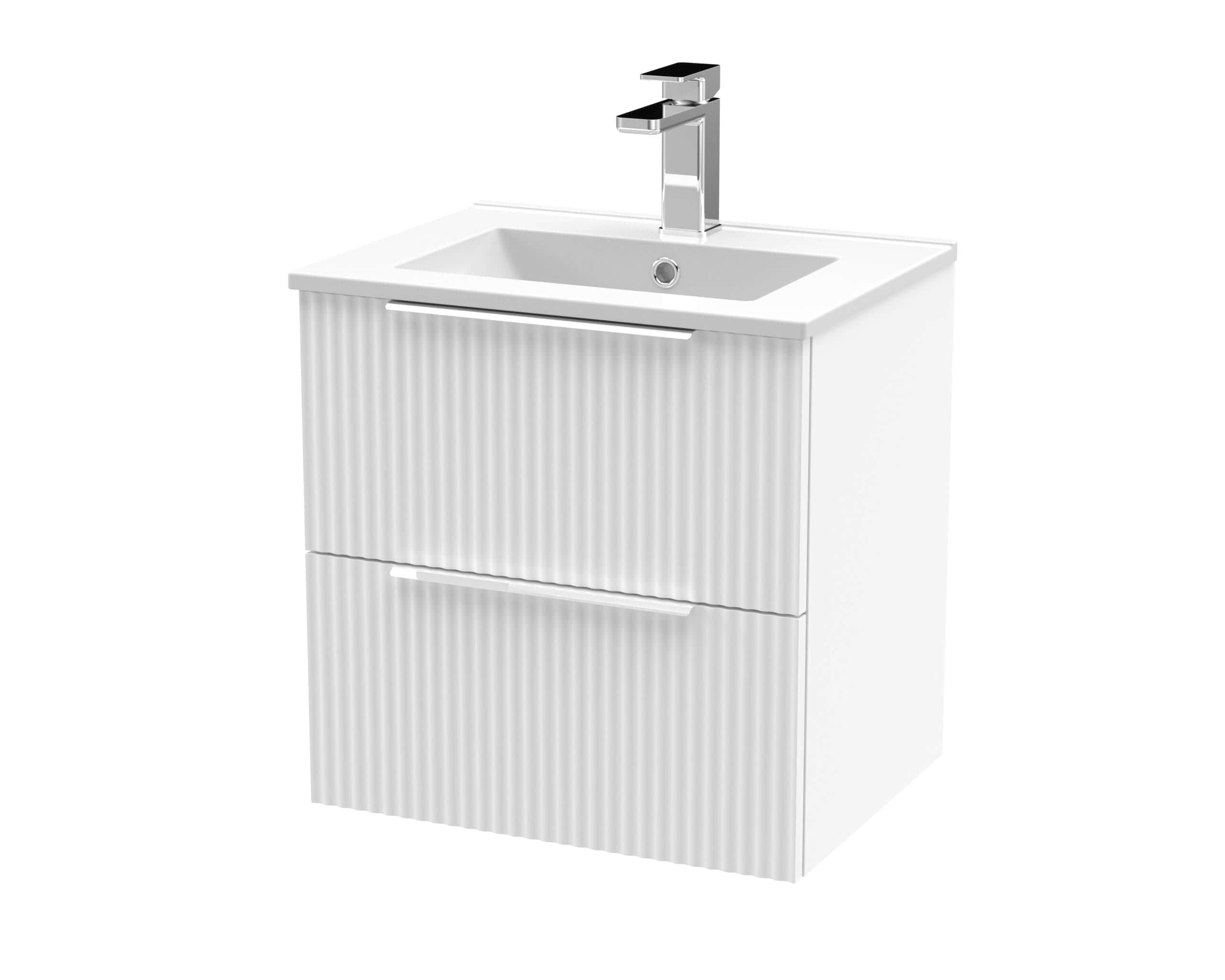 Modern white bathroom vanity with integrated sink and sleek chrome faucet, ideal for contemporary bathroom design. Perfect for stylish, functional bathroom storage and organisation.