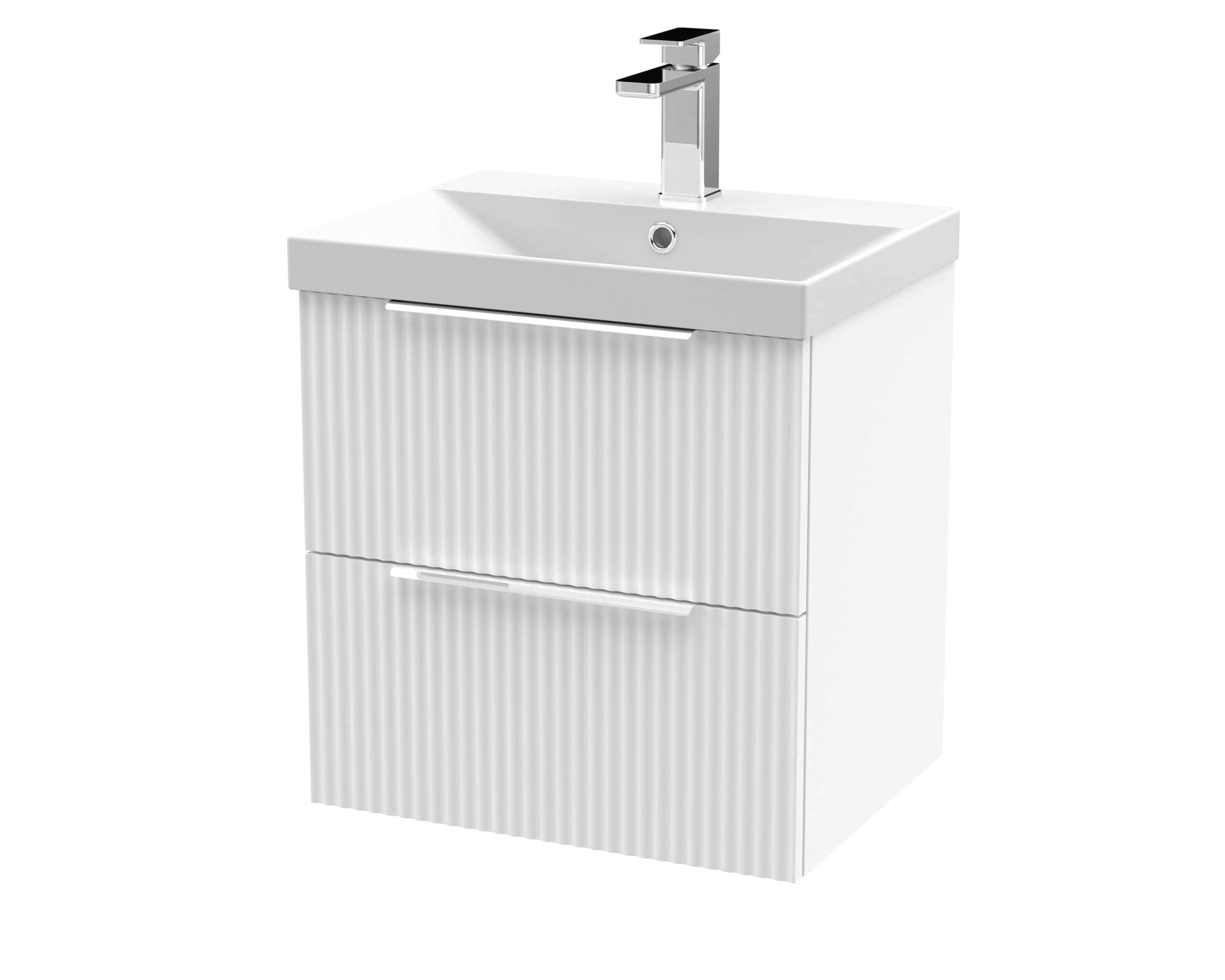 Sleek white bathroom vanity unit with integrated sink and modern chrome tap, ideal for contemporary Bubly Bathrooms style bathrooms. Durable and stylish storage solution for your bathroom essentials.