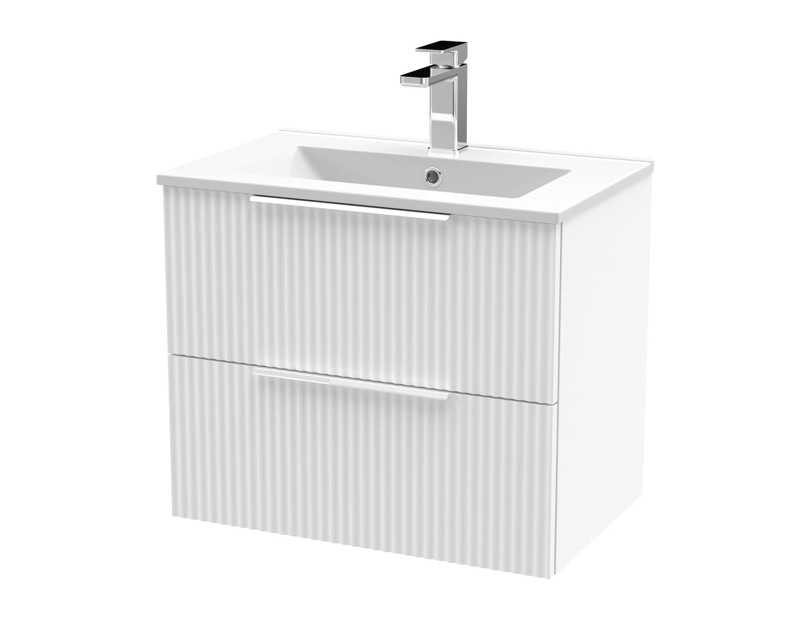 Sleek white bathroom vanity with integrated ceramic sink and modern chrome faucet, ideal for contemporary bathroom designs.