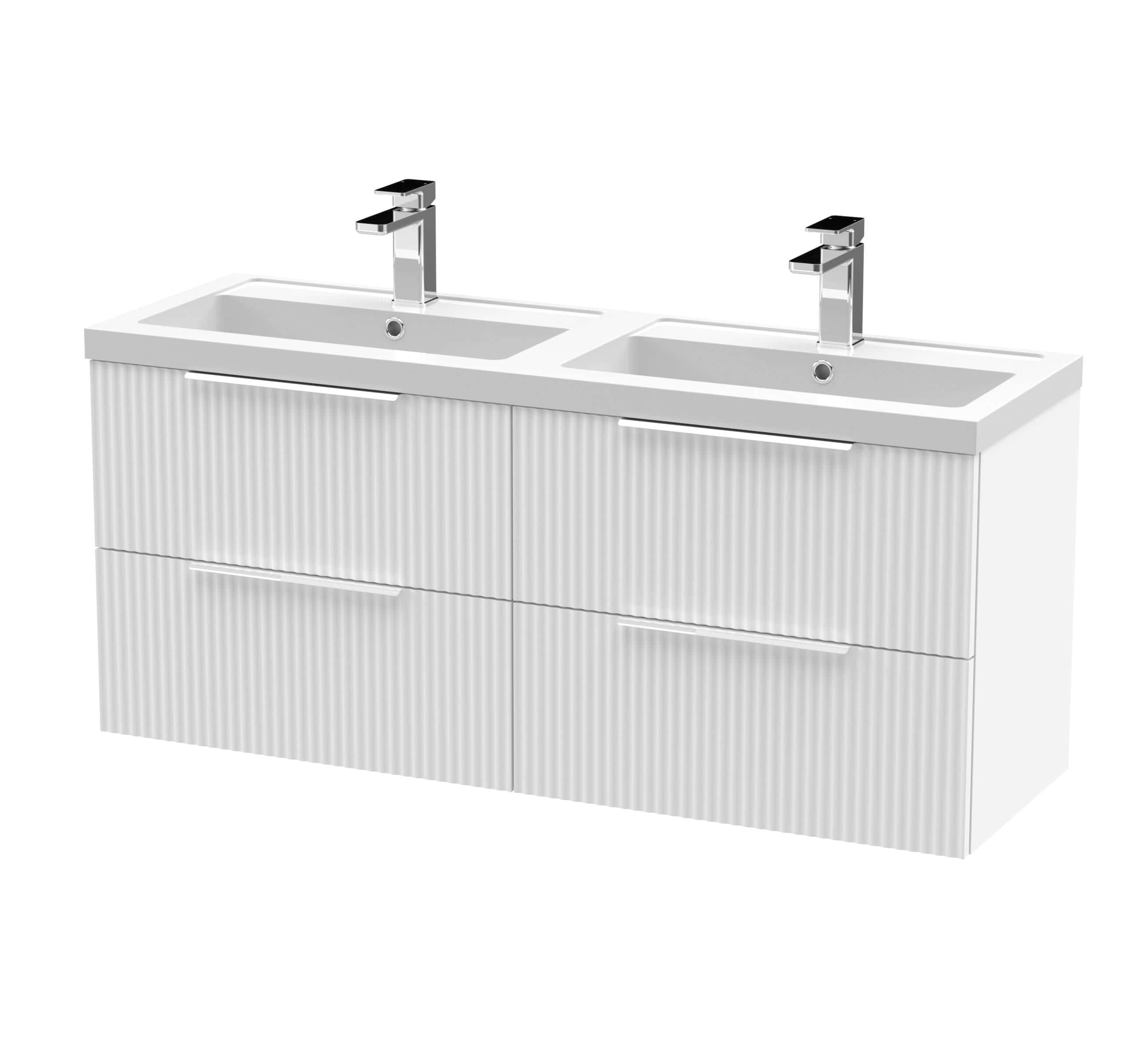 Polished white double bathroom vanity with integrated sinks and chrome taps, modern design, sleek storage drawers, ideal for contemporary bathroom decor.