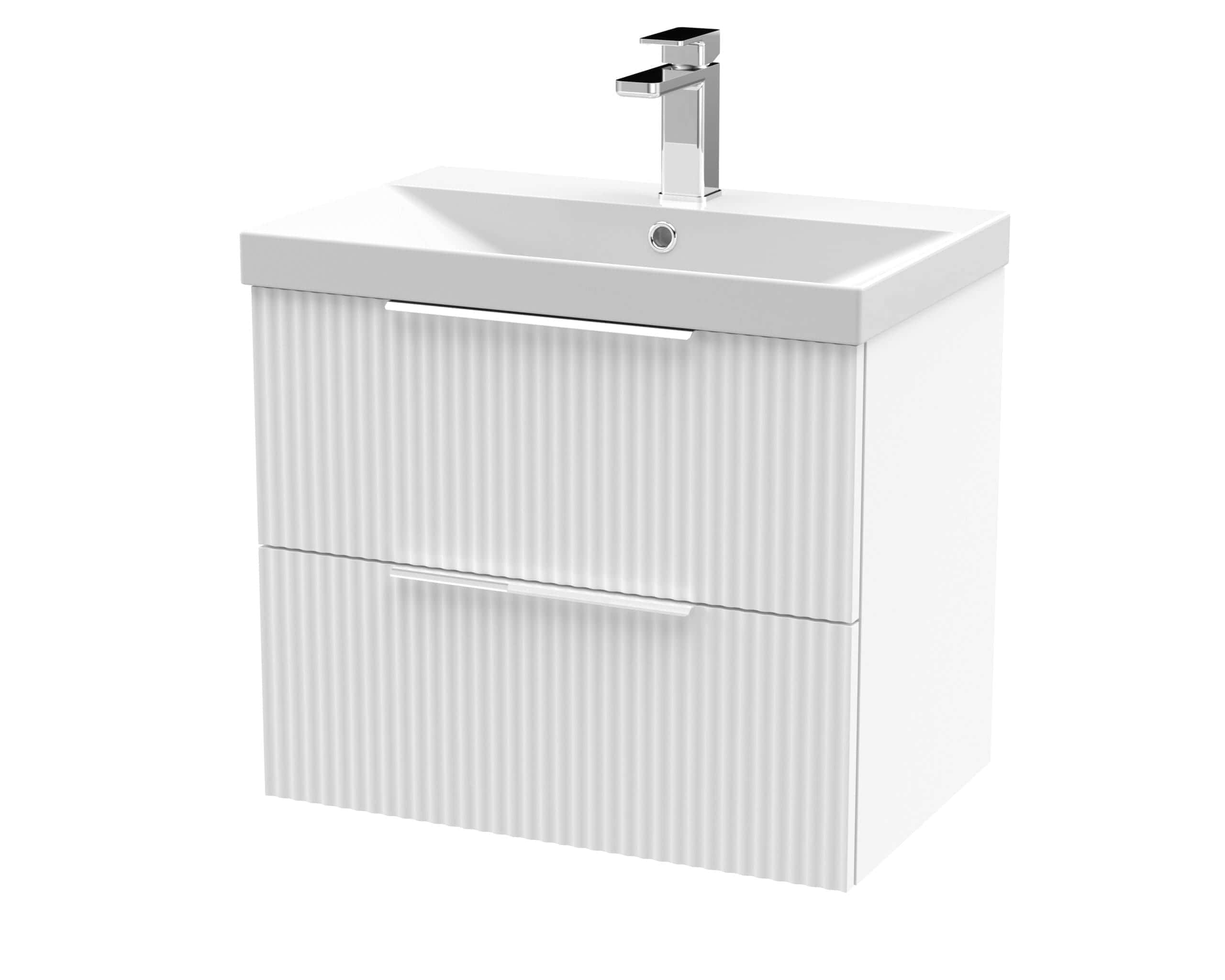 Modern white bathroom vanity with built-in sink and sleek chrome faucet, ideal for contemporary bathrooms looking for stylish storage solutions.