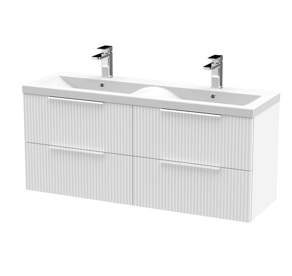 Contemporary double bathroom vanity unit with integrated sinks and chrome taps, white textured finish, ideal for modern bathroom renovations.