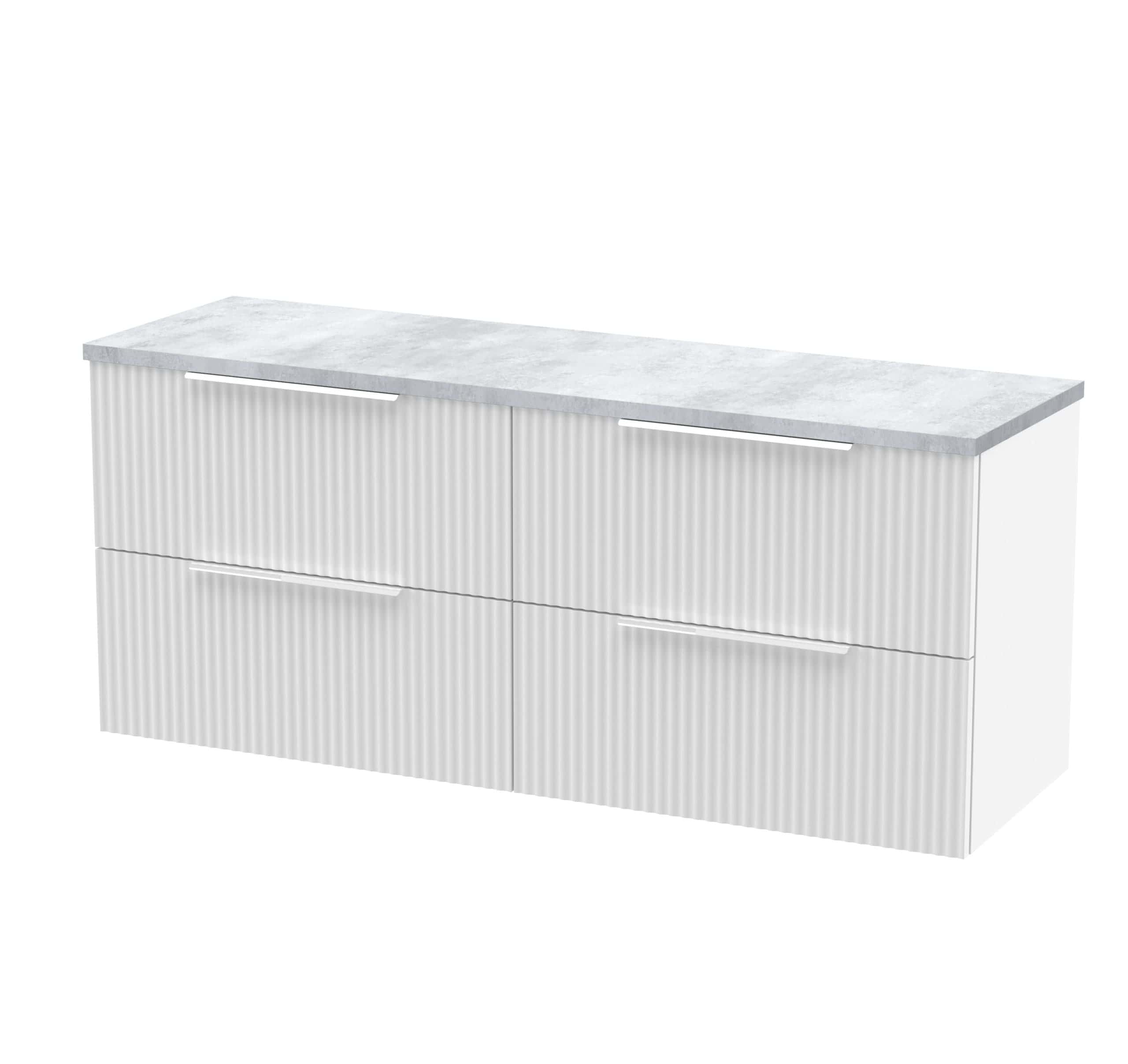 Sleek white bathroom vanity with ribbed cabinet doors and a marble countertop, perfect for modern bathroom storage and design.