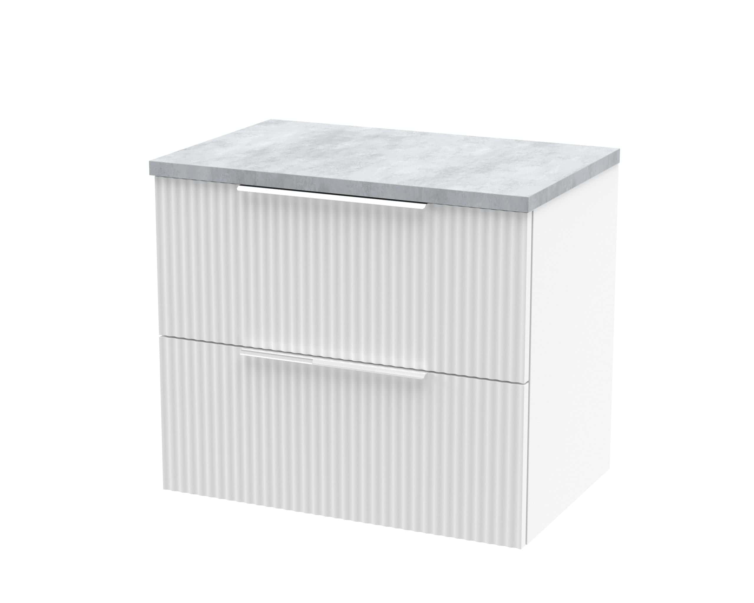 Sleek white bathroom vanity with ribbed drawer fronts and a marble countertop, perfect for modern bathroom renovation and storage solutions.