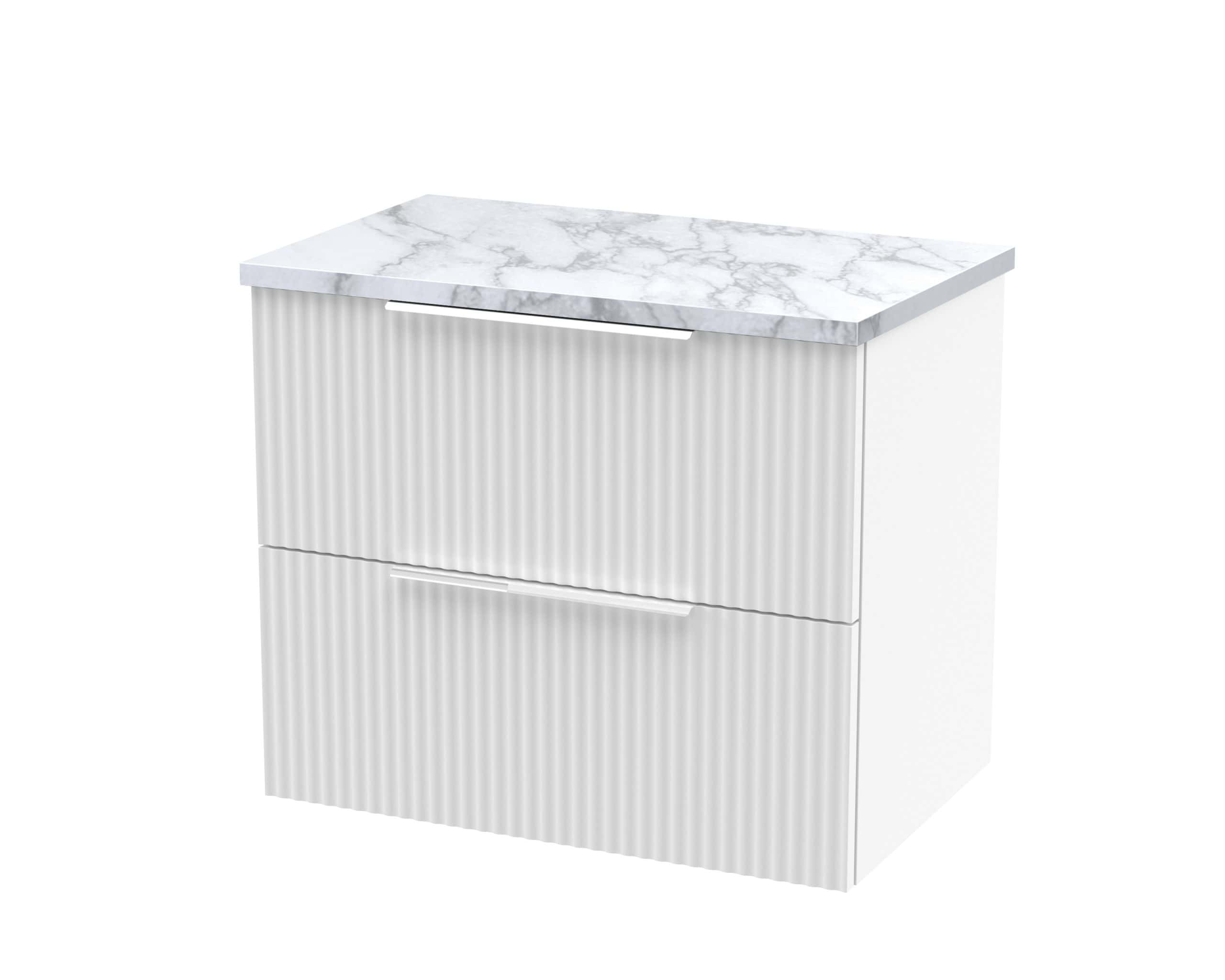Sleek white bathroom vanity with ribbed finish and marble top, ideal for modern bathroom designs and storage; from Bubly Bathrooms.
