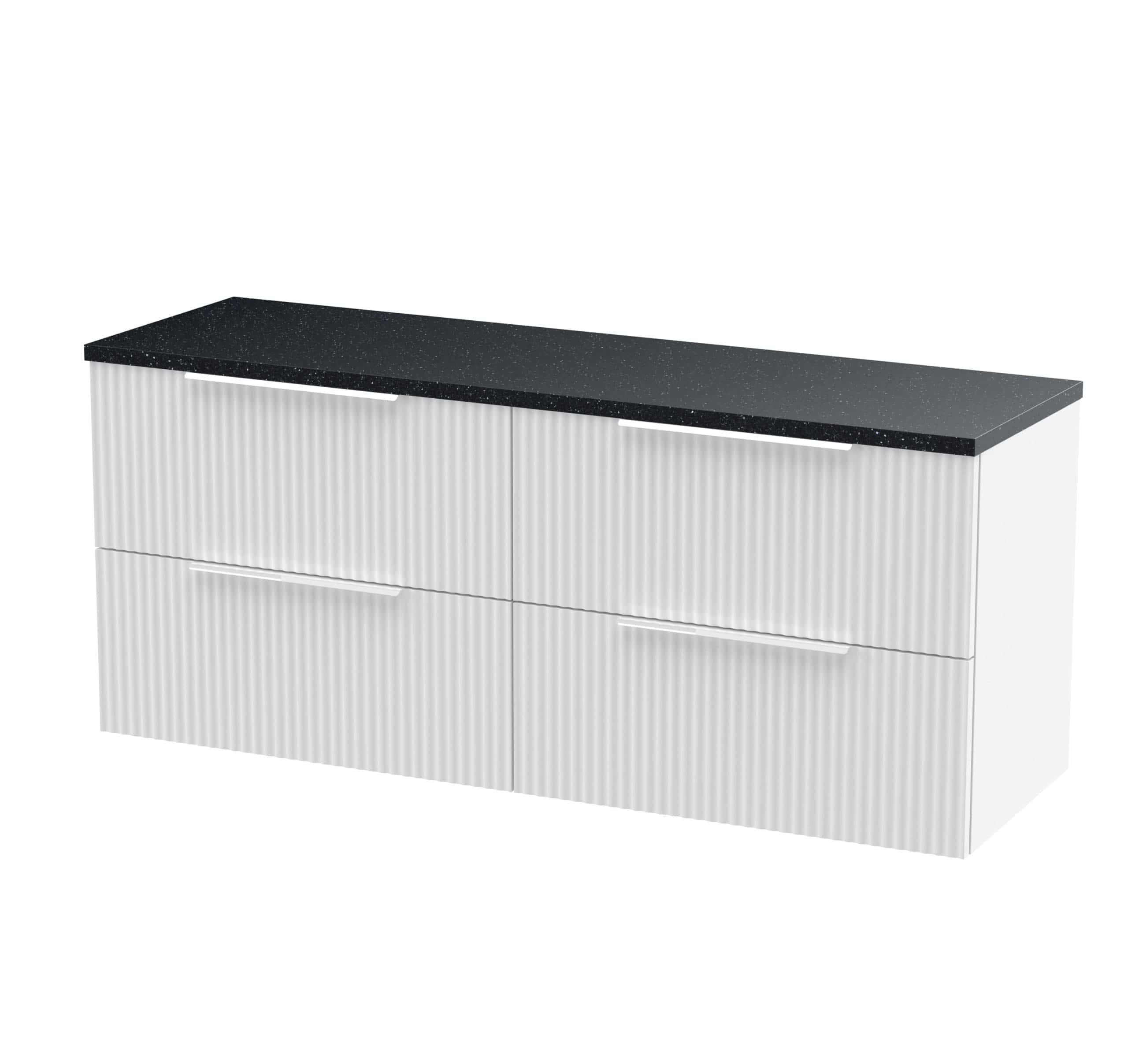 Contemporary white bathroom vanity unit with ribbed cabinet doors and a sleek black countertop, ideal for modern bathroom design and storage.