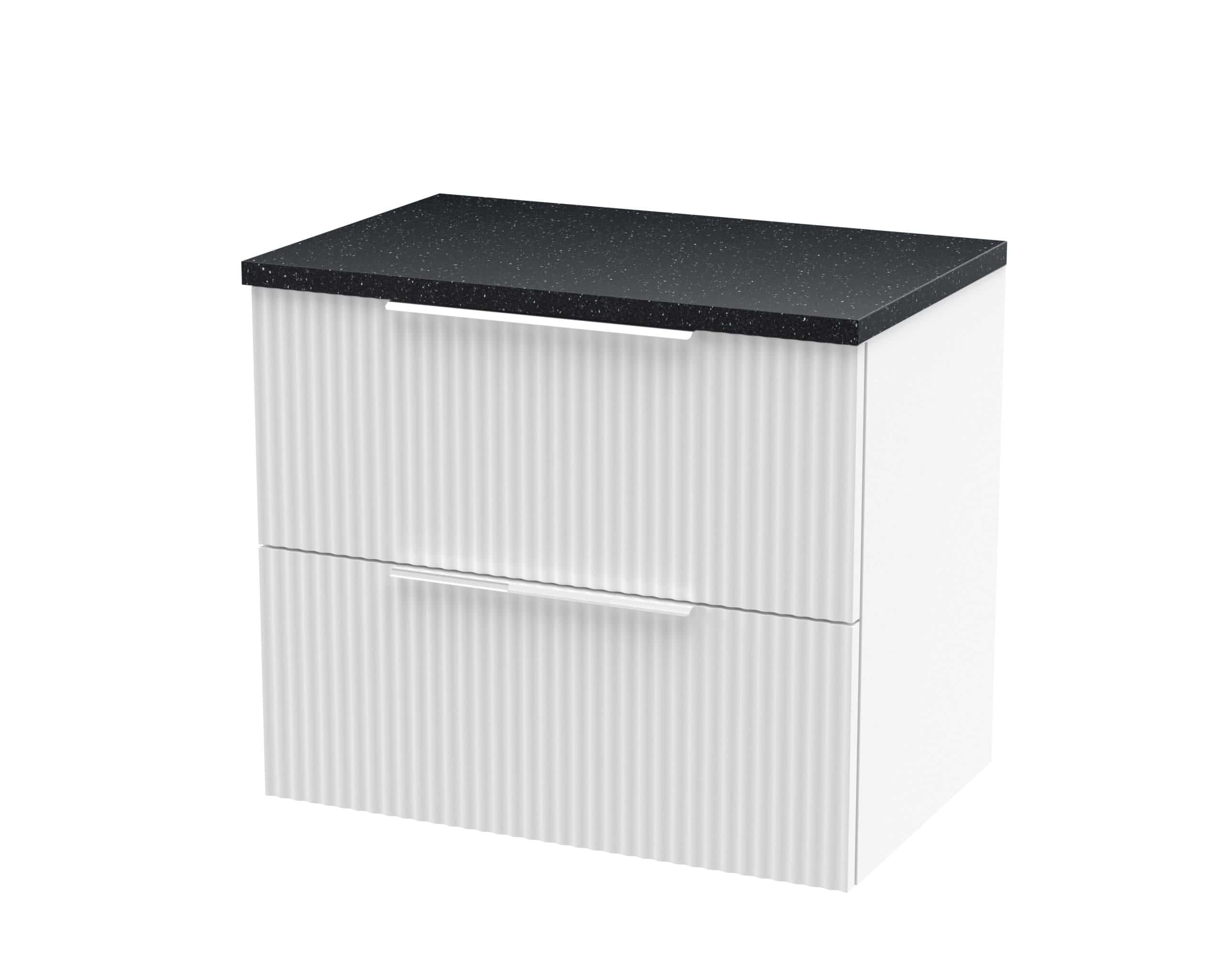 Sleek modern bathroom vanity with textured white finish and black speckled countertop, perfect for contemporary bathroom decor.