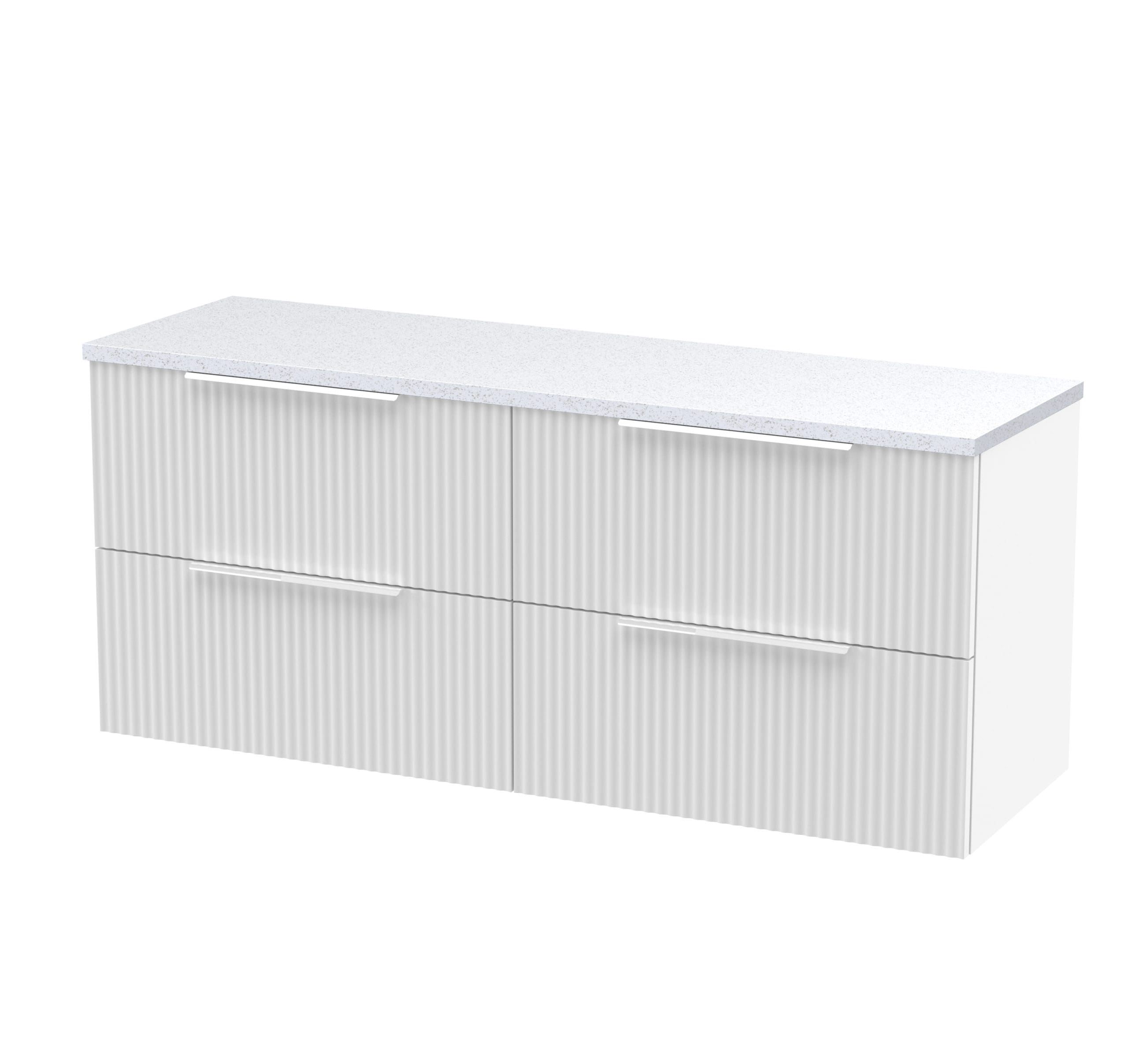 Sleek white bathroom vanity with ribbed textured cabinet doors and a quartz countertop, perfect for modern bathroom storage solutions.