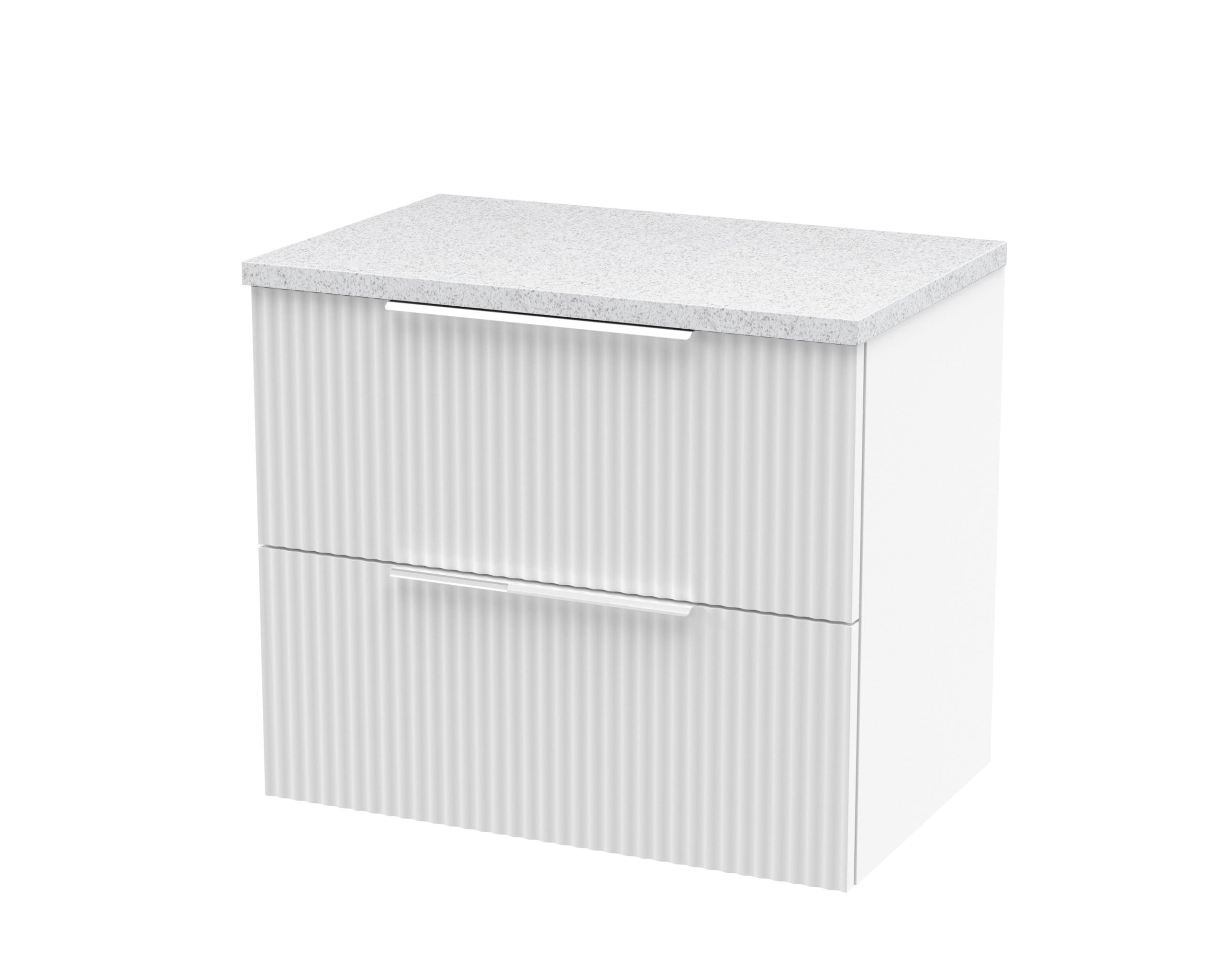 Sleek white bathroom vanity with ribbed drawer fronts and a white speckled countertop, ideal for modern Bubly bathroom designs. Perfect for stylish storage and bathroom organisation.