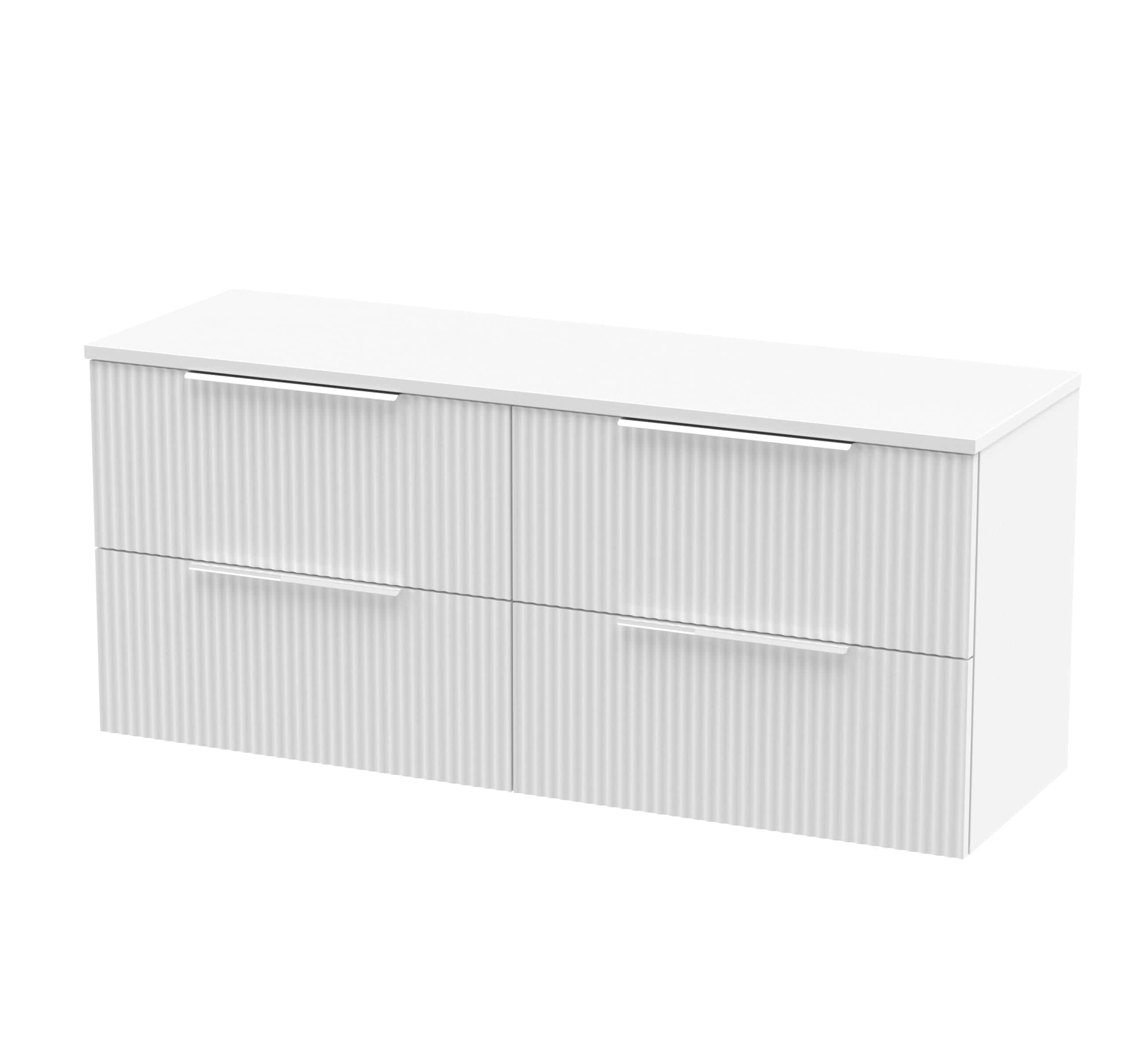 Sleek white bathroom vanity cabinet with textured ribbed door design, providing stylish storage solutions for modern bathrooms. Perfect for contemporary bathroom decor.