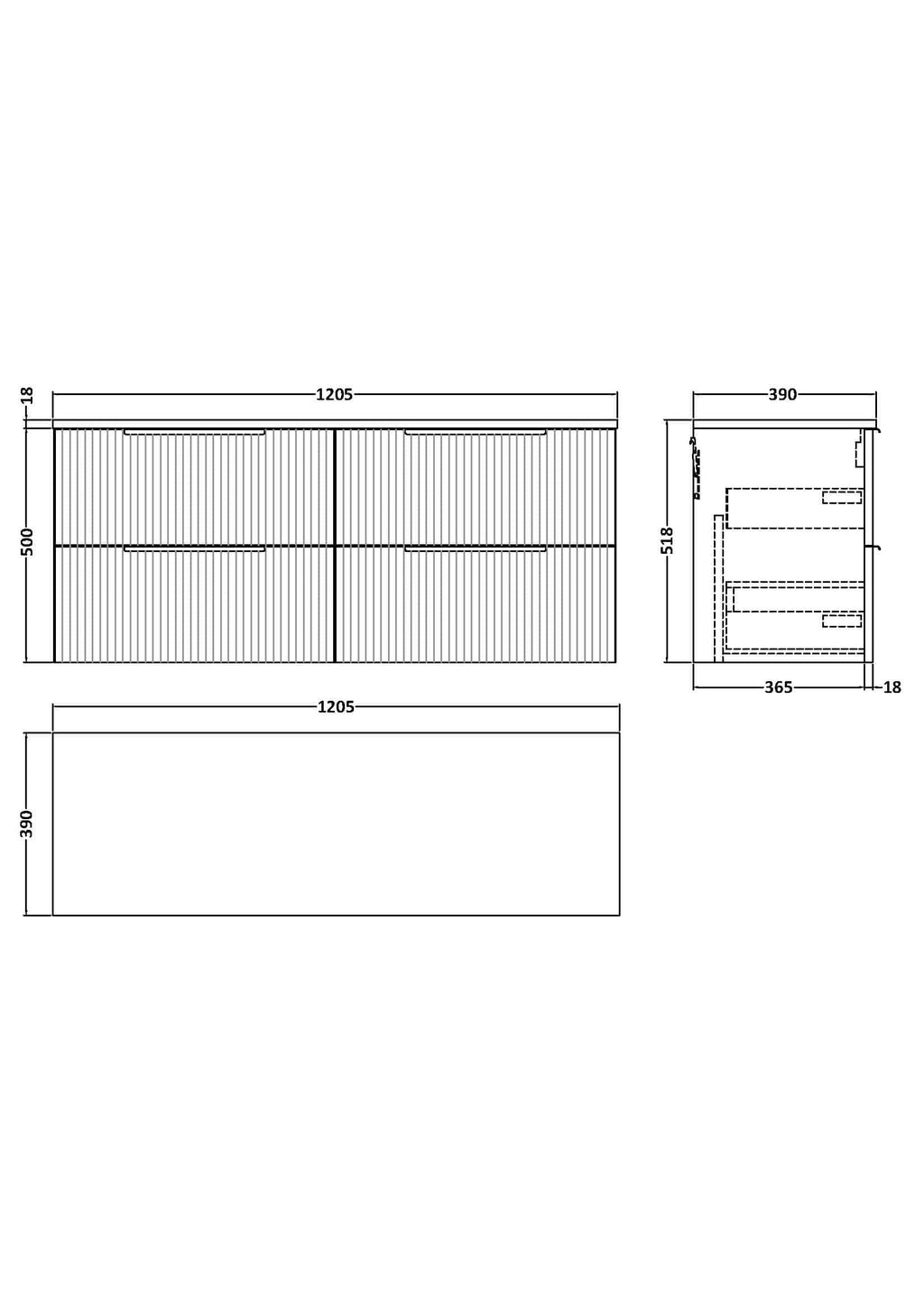 Contemporary bathroom vanity unit with drawers, detailed technical drawing for Bubly Bathrooms UK, showcasing sleek design and precise measurements for bathroom renovation projects.