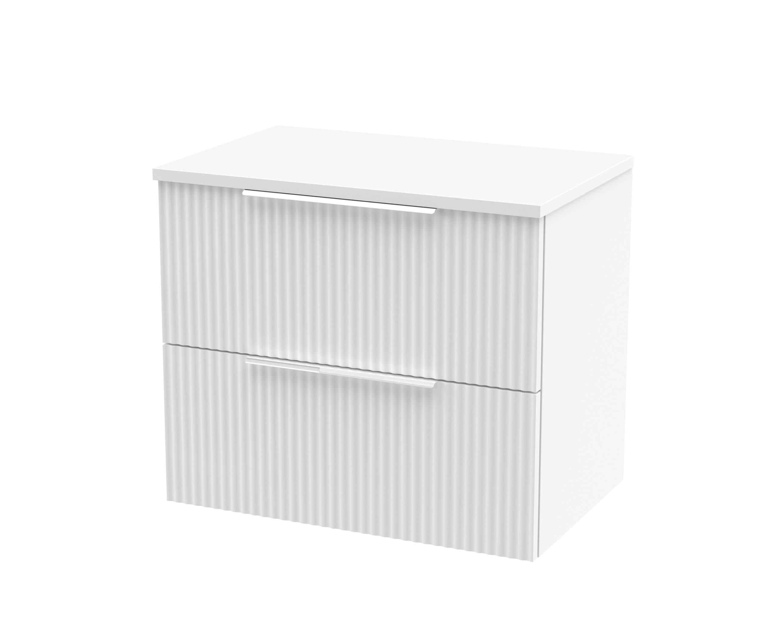 Sleek white bathroom vanity unit with ribbed drawer fronts, modern design, perfect for contemporary bathrooms, offering ample storage space.
