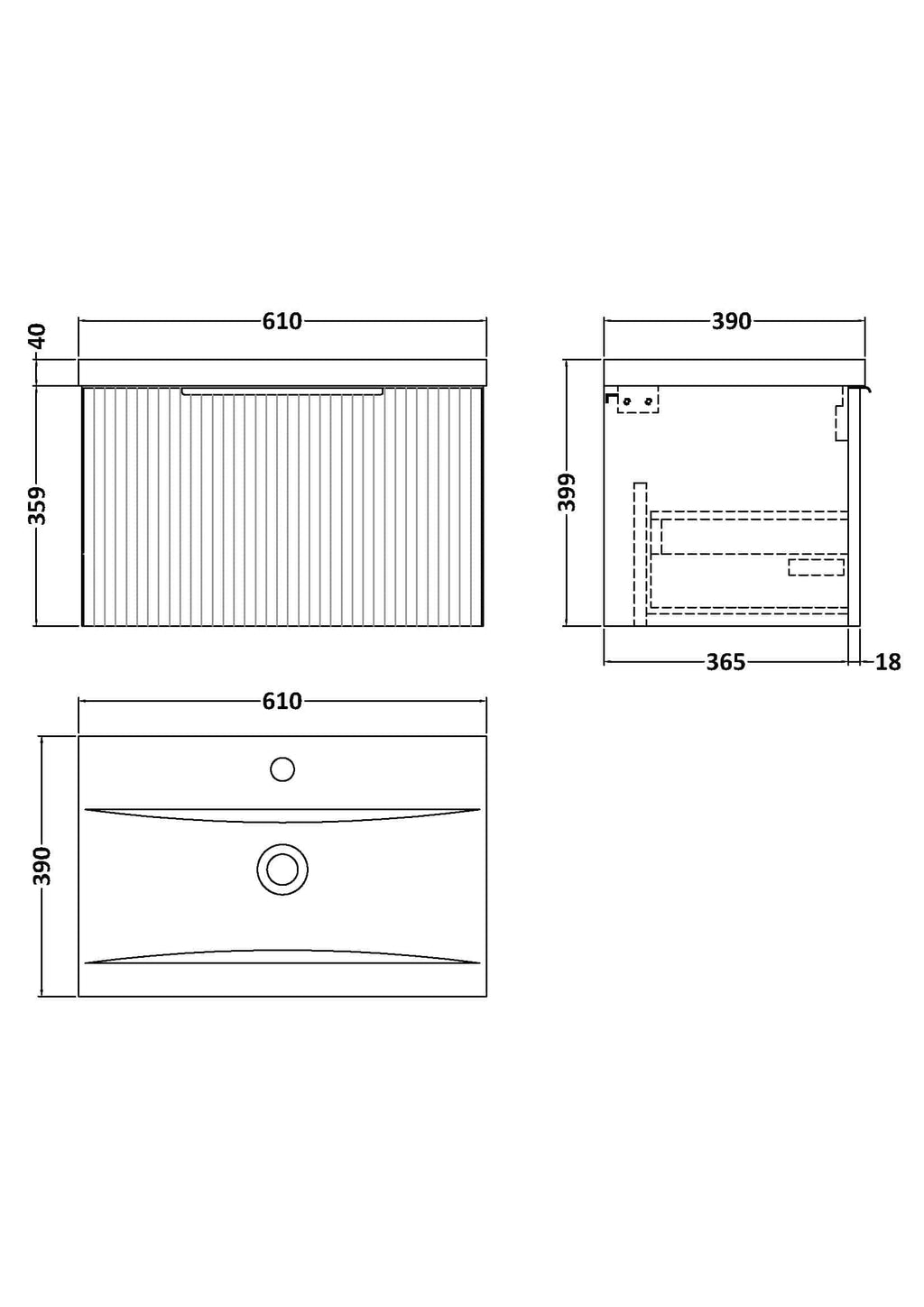 Fitted bathroom vanity unit with sink, top view, side view, and technical dimensions for sleek and functional Bubly bathrooms.