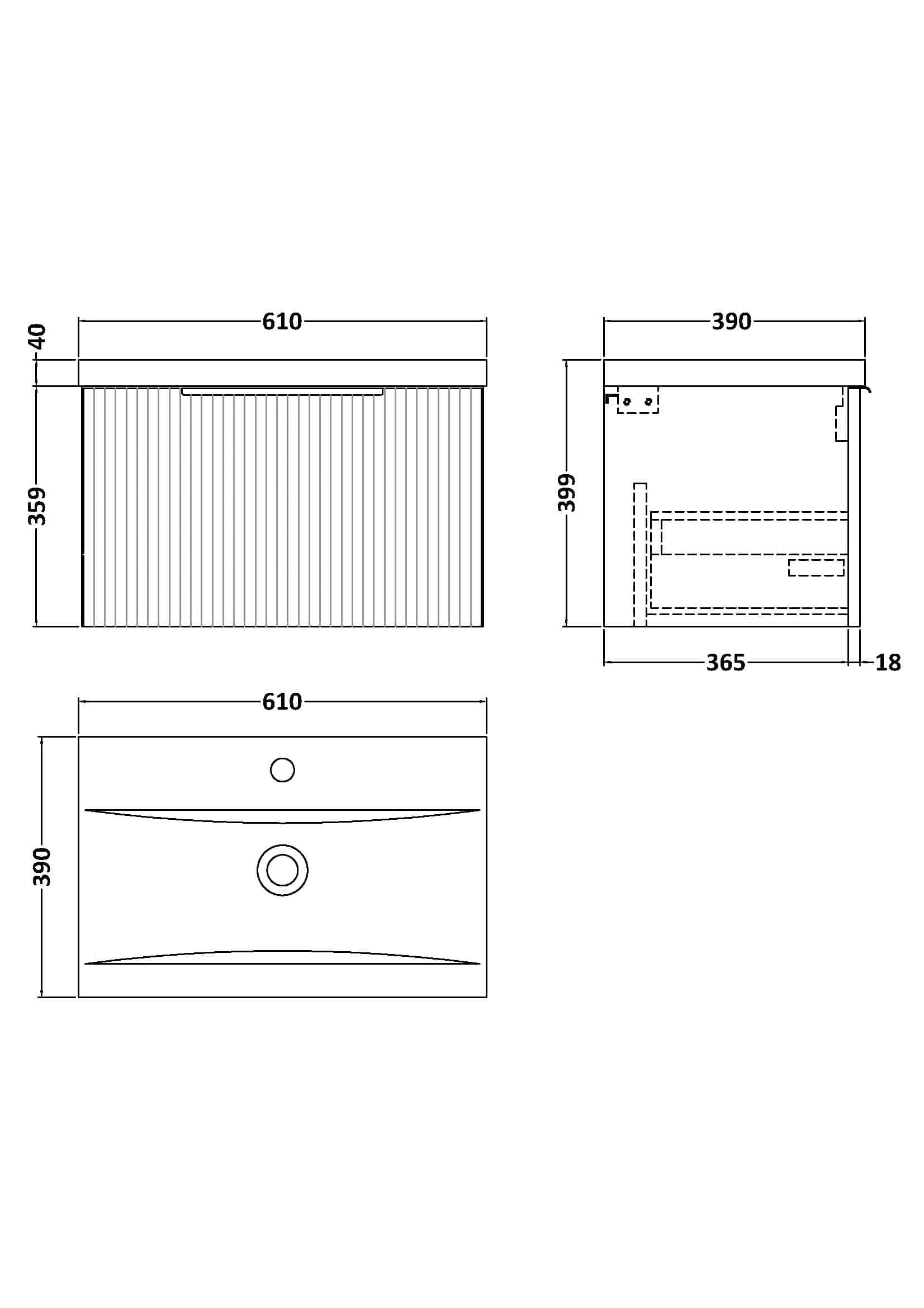Fitted bathroom vanity unit with sink, top view, side view, and technical dimensions for sleek and functional Bubly bathrooms.