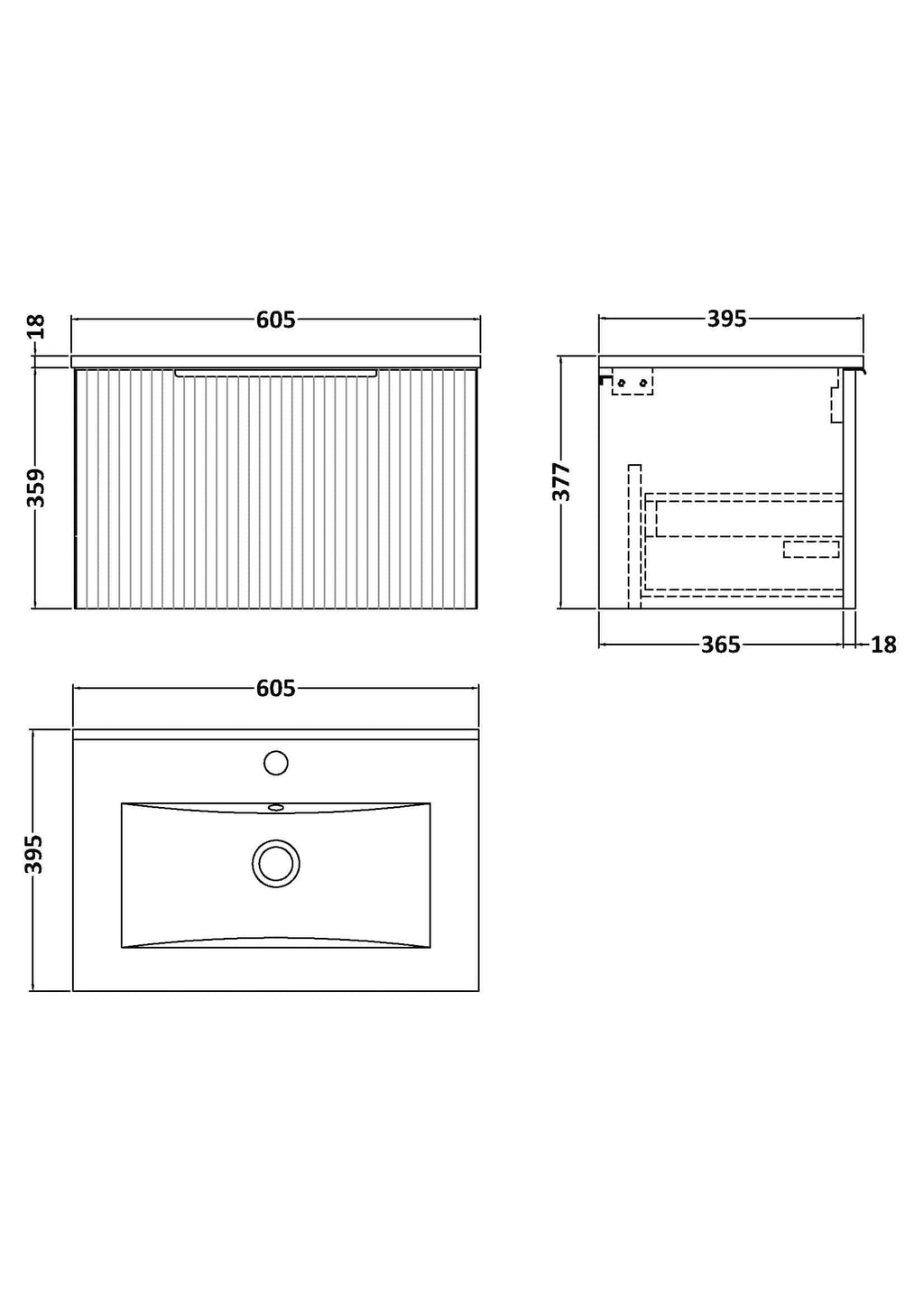 Contemporary bathroom vanity with integrated sink, detailed technical drawings with measurements for custom installation and modern bathroom design.
