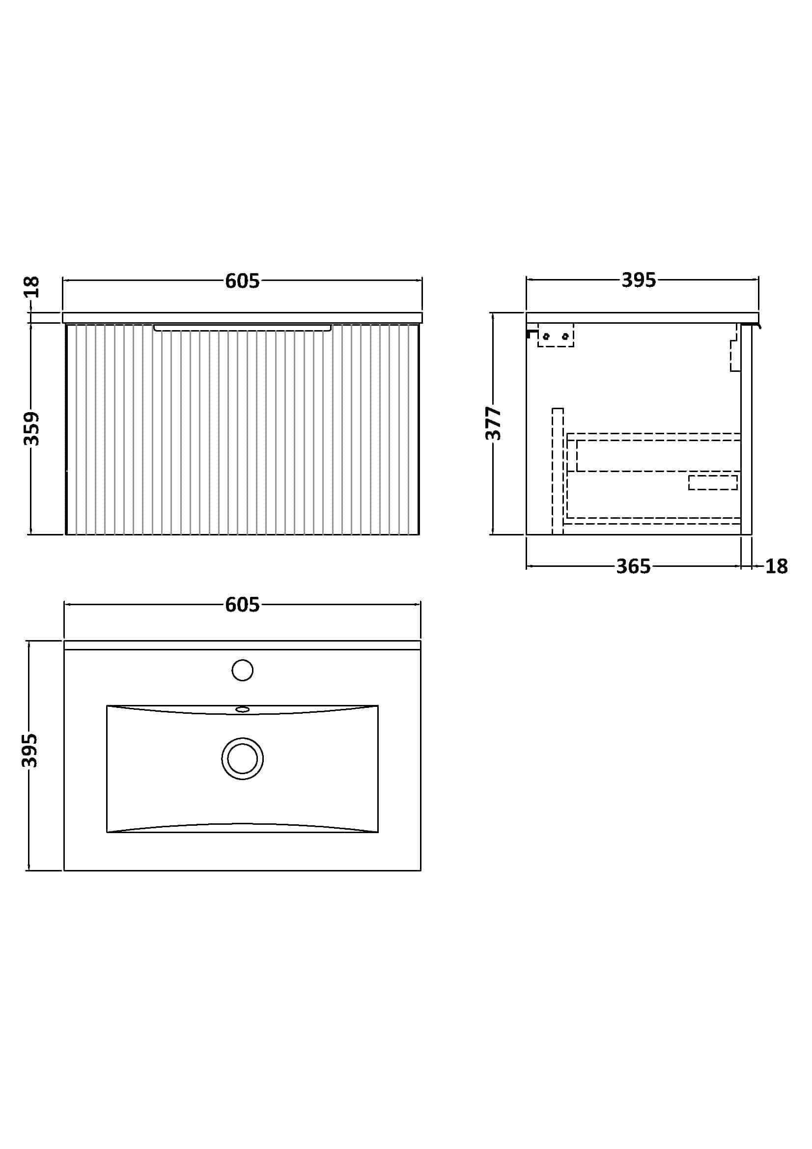 Contemporary bathroom vanity with integrated sink, detailed technical drawings with measurements for custom installation and modern bathroom design.