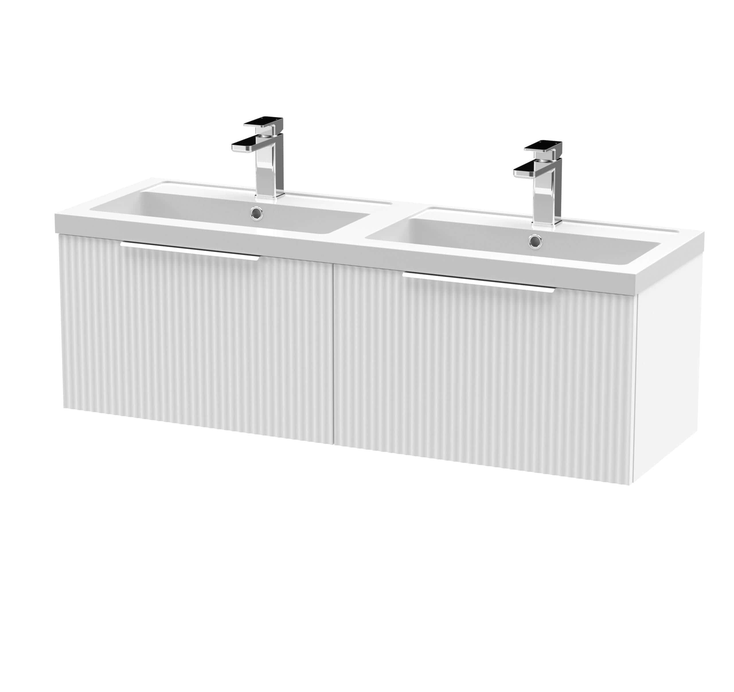 Contemporary double bathroom vanity with sleek white finish and modern chrome faucets, perfect for stylish bathroom decor and optimal storage solutions.
