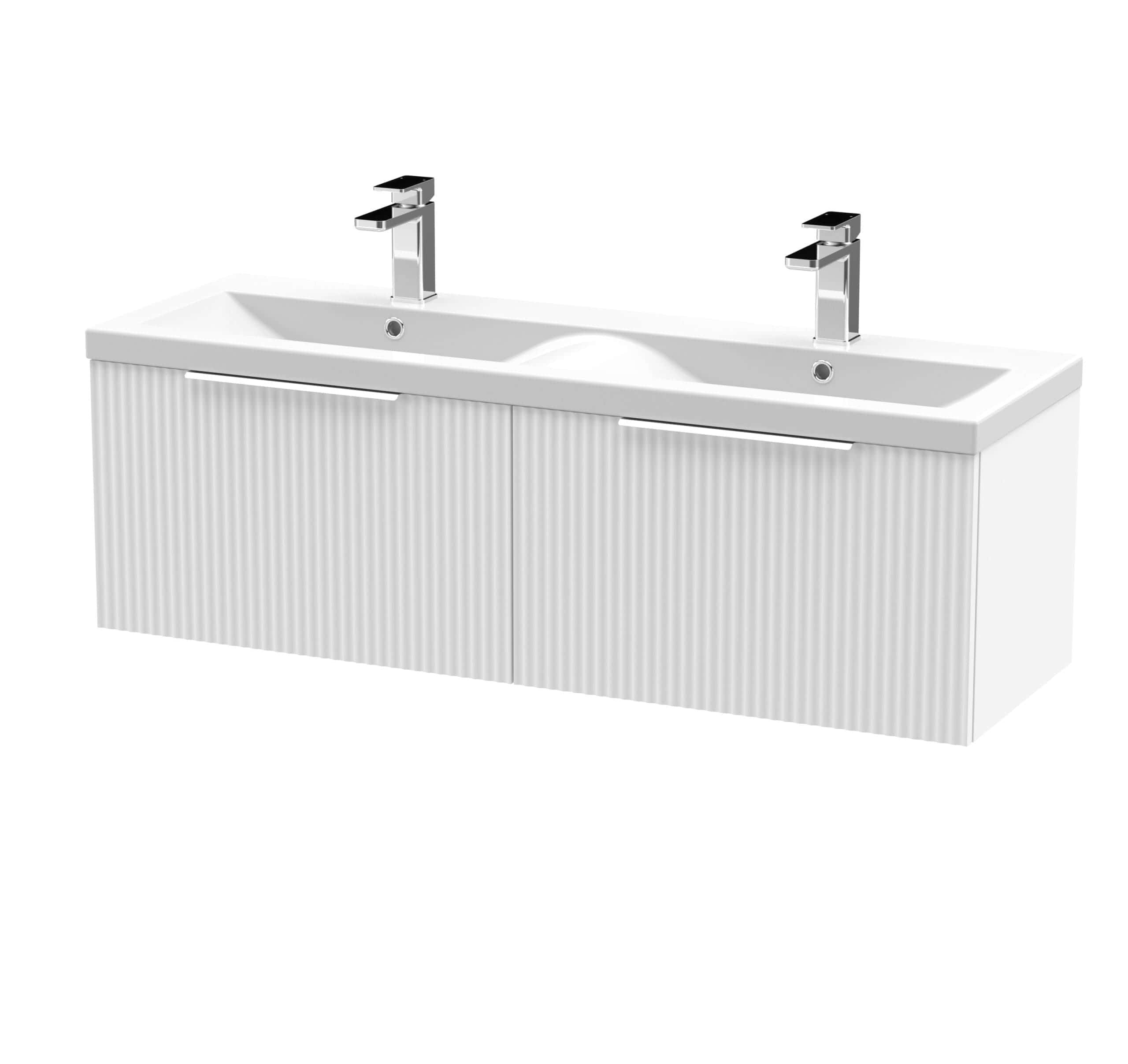 Modern double bathroom vanity unit with two sleek chrome mixers, ideal for contemporary bathroom designs. Durable white finish with ribbed cabinet doors for a stylish and functional look.