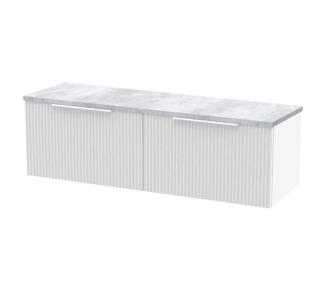 Modern white bathroom cabinet with a marble top, ideal for contemporary bathroom storage solutions. Features ribbed cabinet doors and sleek cut-out handles for a minimalist look.