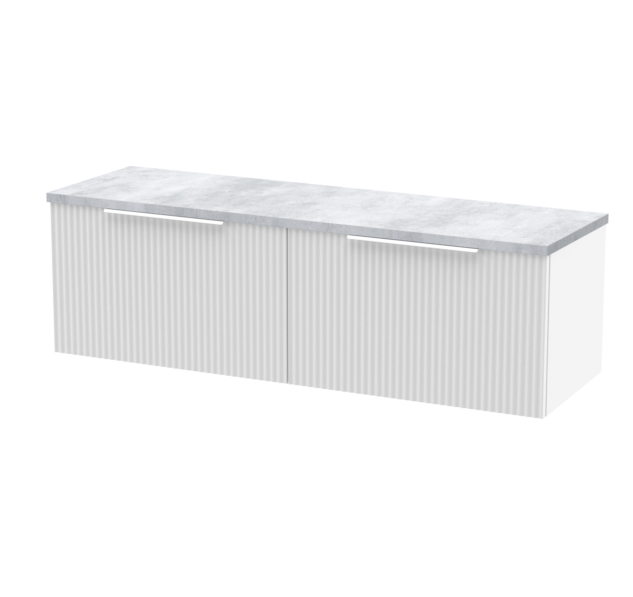 Modern white bathroom cabinet with a marble top, ideal for contemporary bathroom storage solutions. Features ribbed cabinet doors and sleek cut-out handles for a minimalist look.