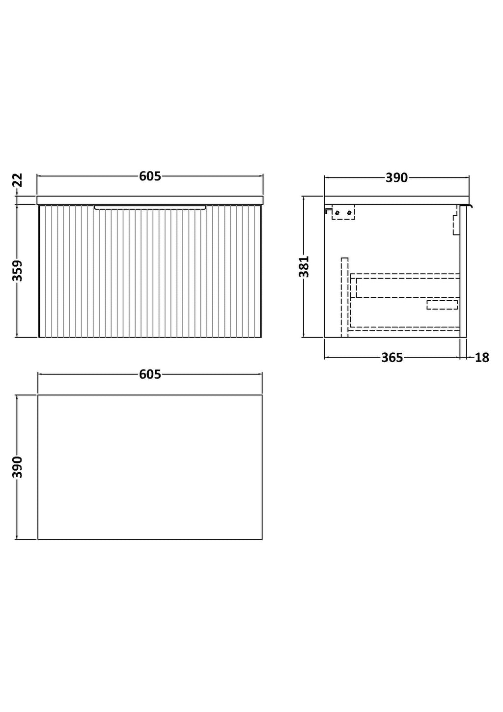 High-quality bathroom vanity unit with detailed technical drawing, dimensions, and design for Bubly Bathrooms, ideal for modern bathroom renovations and expert installations.