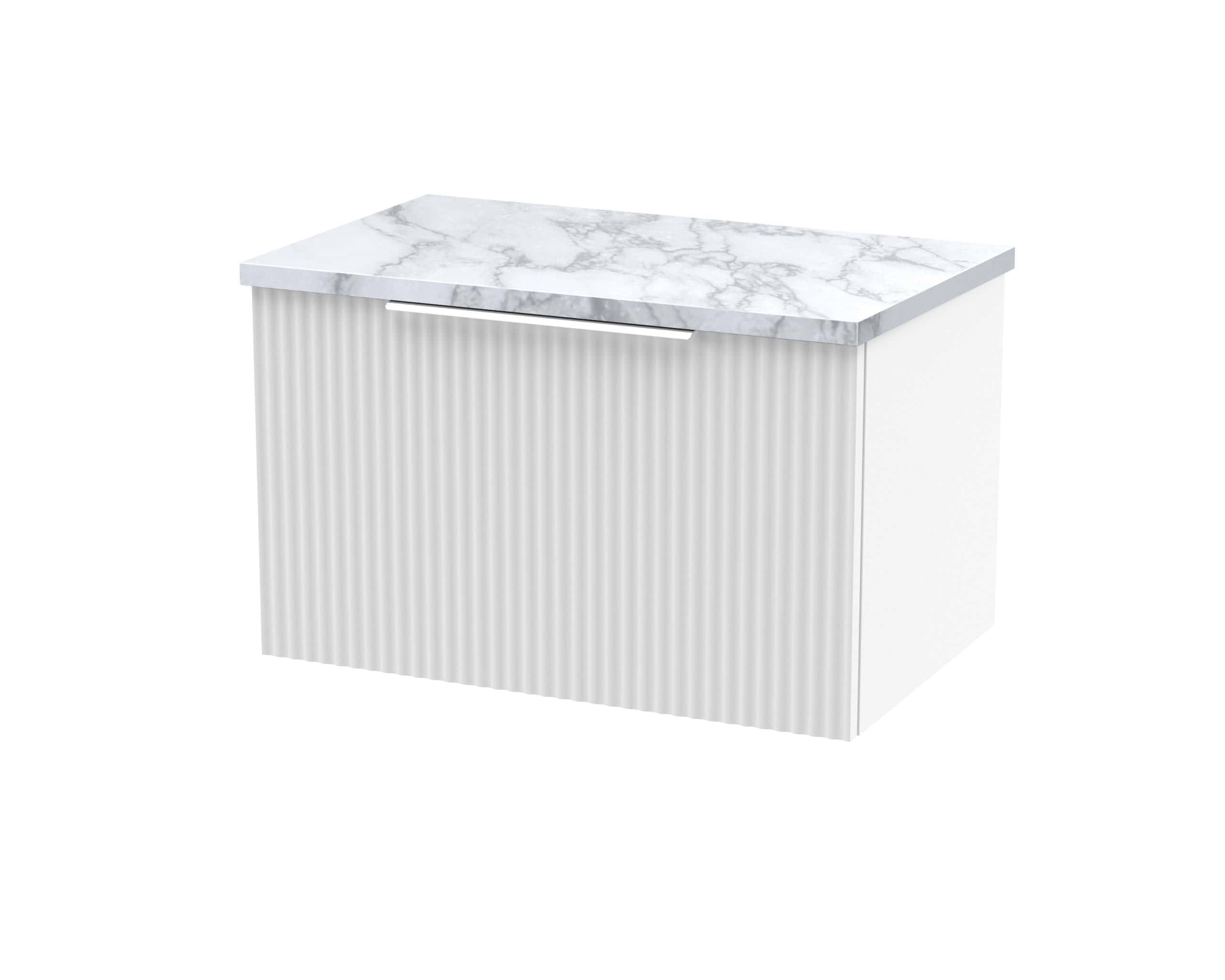 Sleek white bathroom vanity with ribbed cabinet and marble top, perfect for modern bathroom storage and style, designed by Bubly Bathrooms.