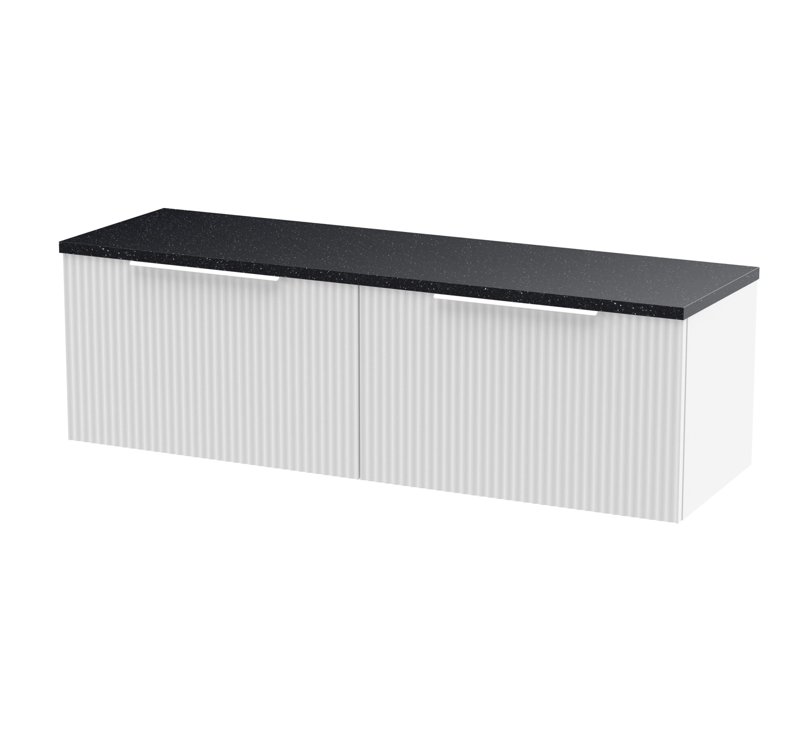 Contemporary bathroom cabinet with black granite top and white ribbed-front cupboards for modern bathroom storage solutions.